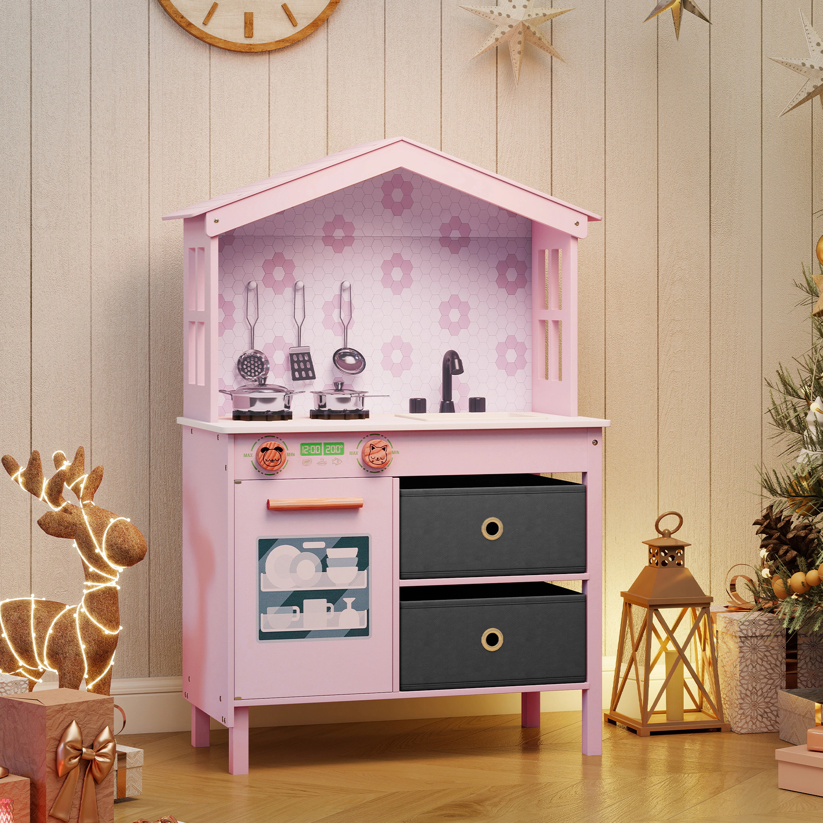 SUGIFT Kids Play Kitchen Toy Playset with 2 Stoves and Rotation Handles 35-in Tall Ages 3-6 Pink/White Wooden Set
