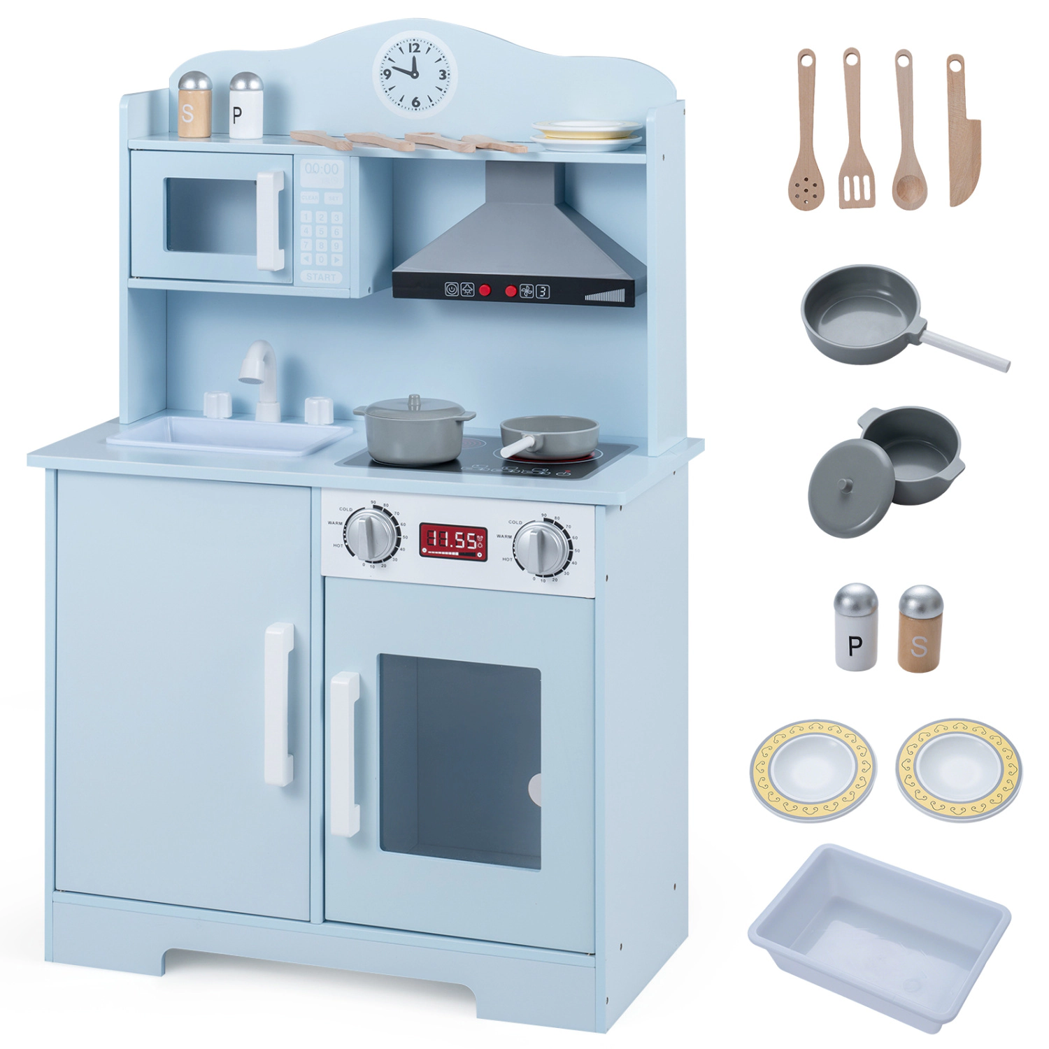 LJG Play Kitchen for Kids Wooden Playset with Range Hood and Microwave