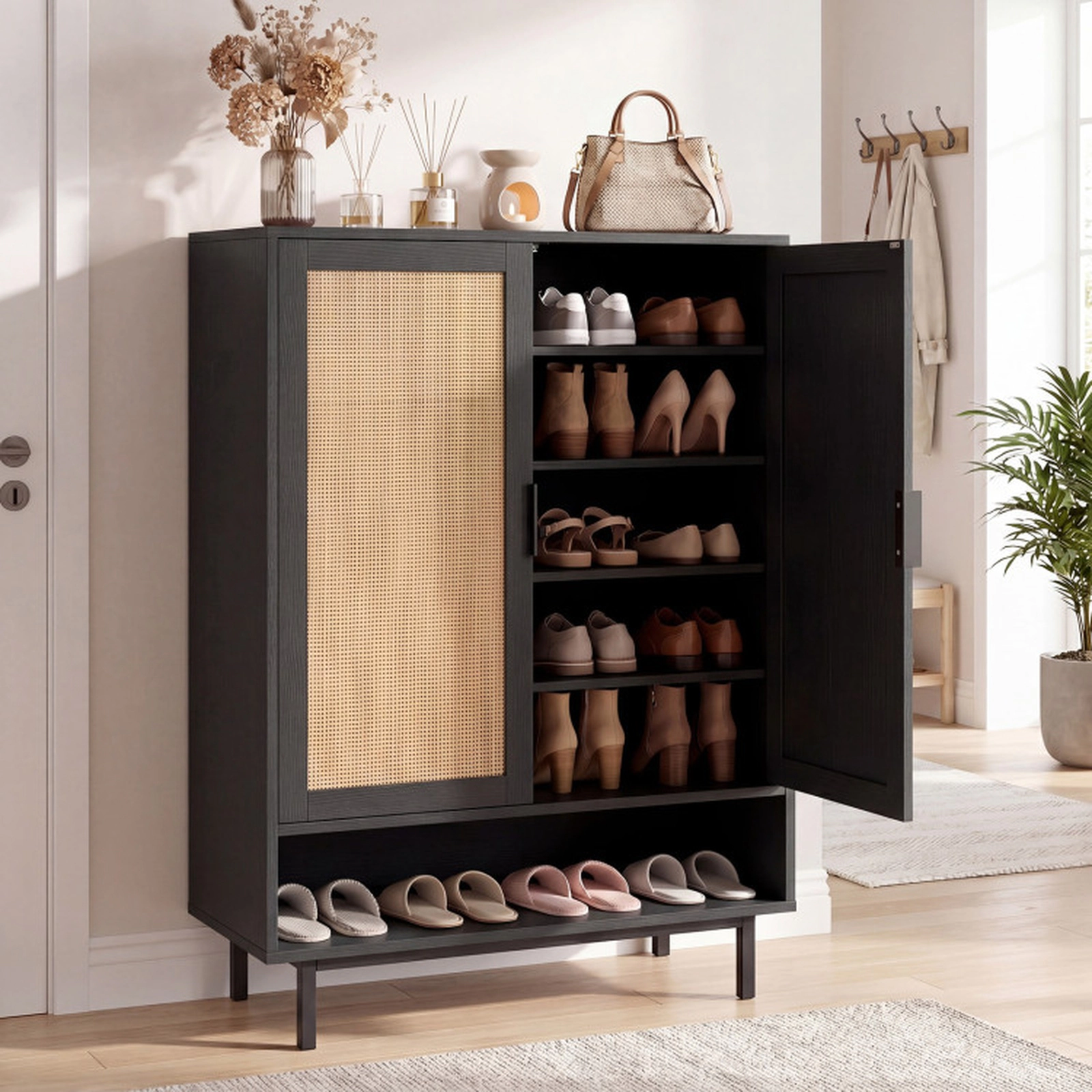SUGIFT 6-Tier Black 43-in Tall Shoe Cabinet with Double Doors and Raised Metal Legs for Entryway