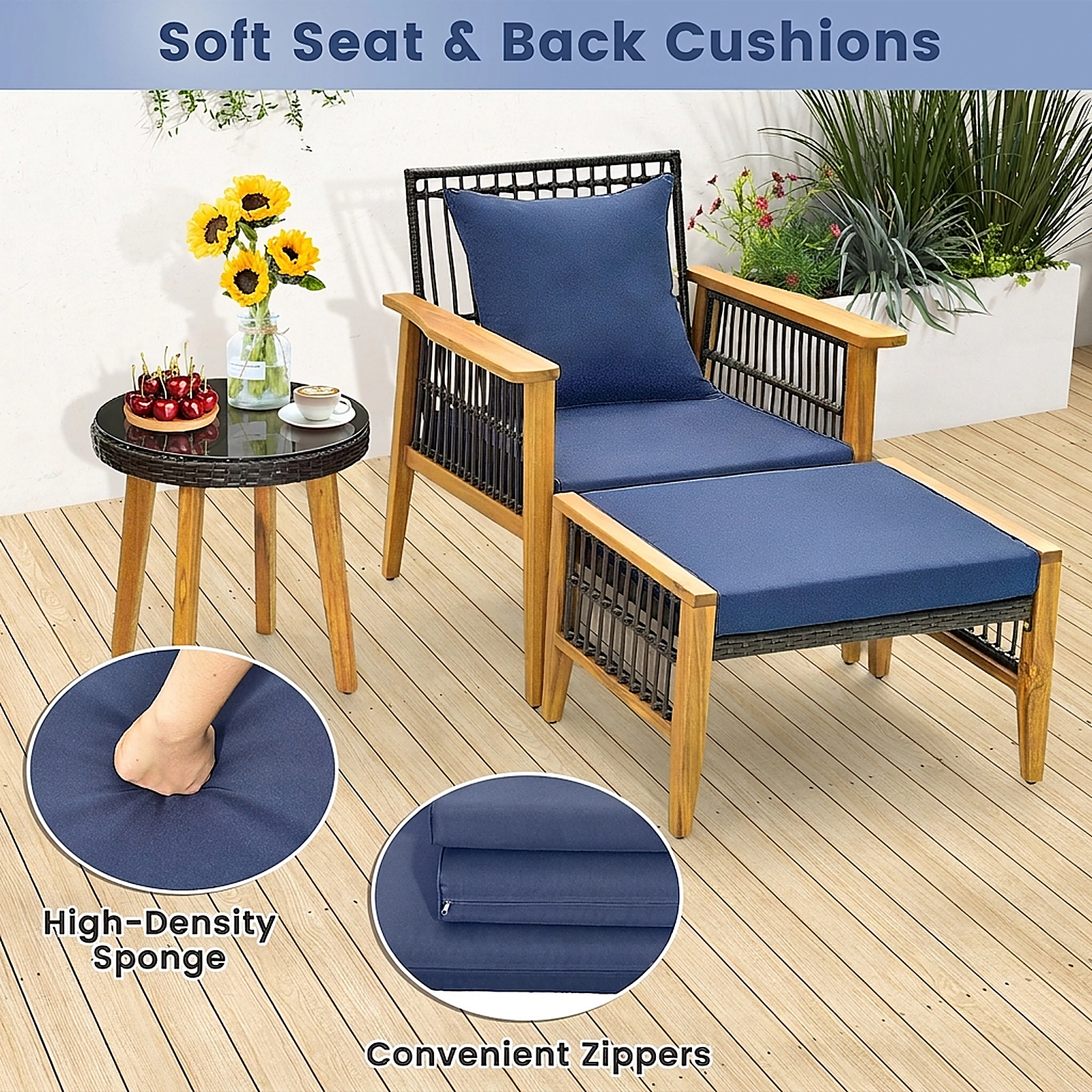 SUGIFT 2 Ottomans and Round Coffee Table 5-Piece Navy Patio Furniture Set