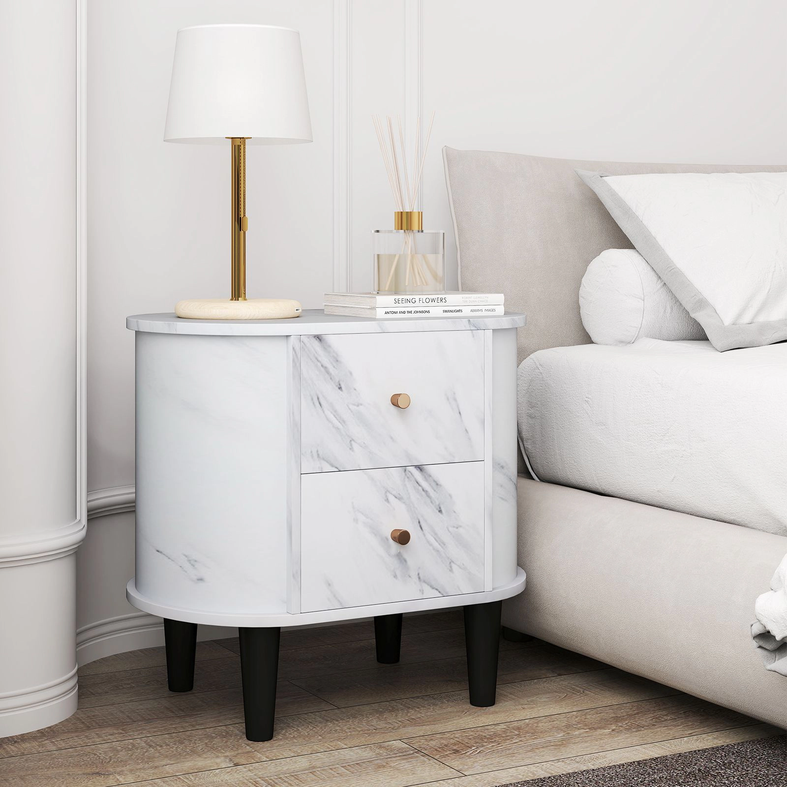 SlickBlue 2-Drawer Faux Marble Nightstand Bedside Table