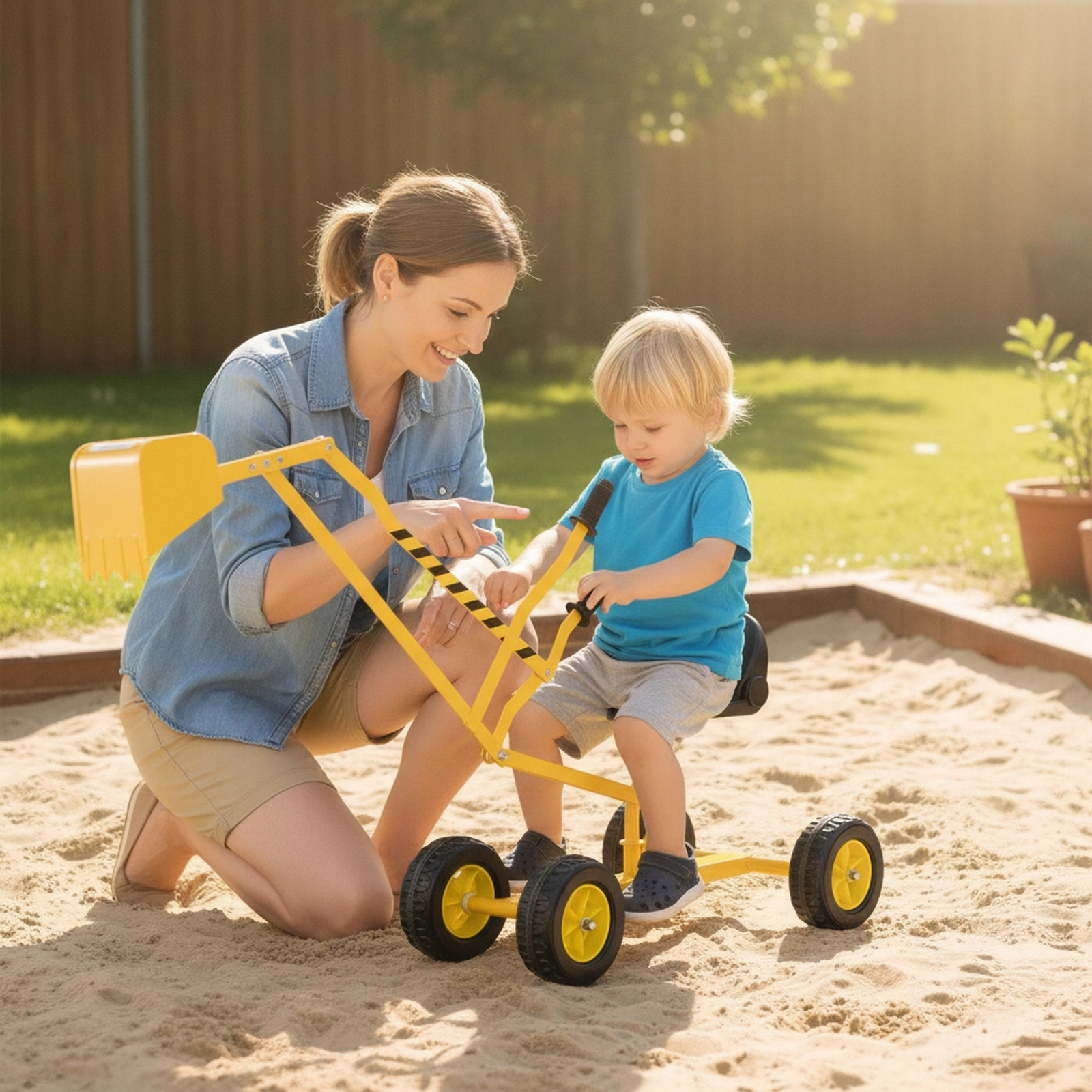 All-Season Kids Sand Digger Ride-On Excavator Toy 2-Handed Levers 360-Degree Swivel Seat Backrest 110-lb Ages 3+ Yellow