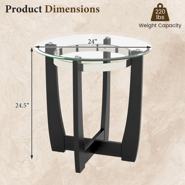 Hivvago 24 Inches Round Side Table With Tempered Glass Top And Solid Rubber Wood Base
