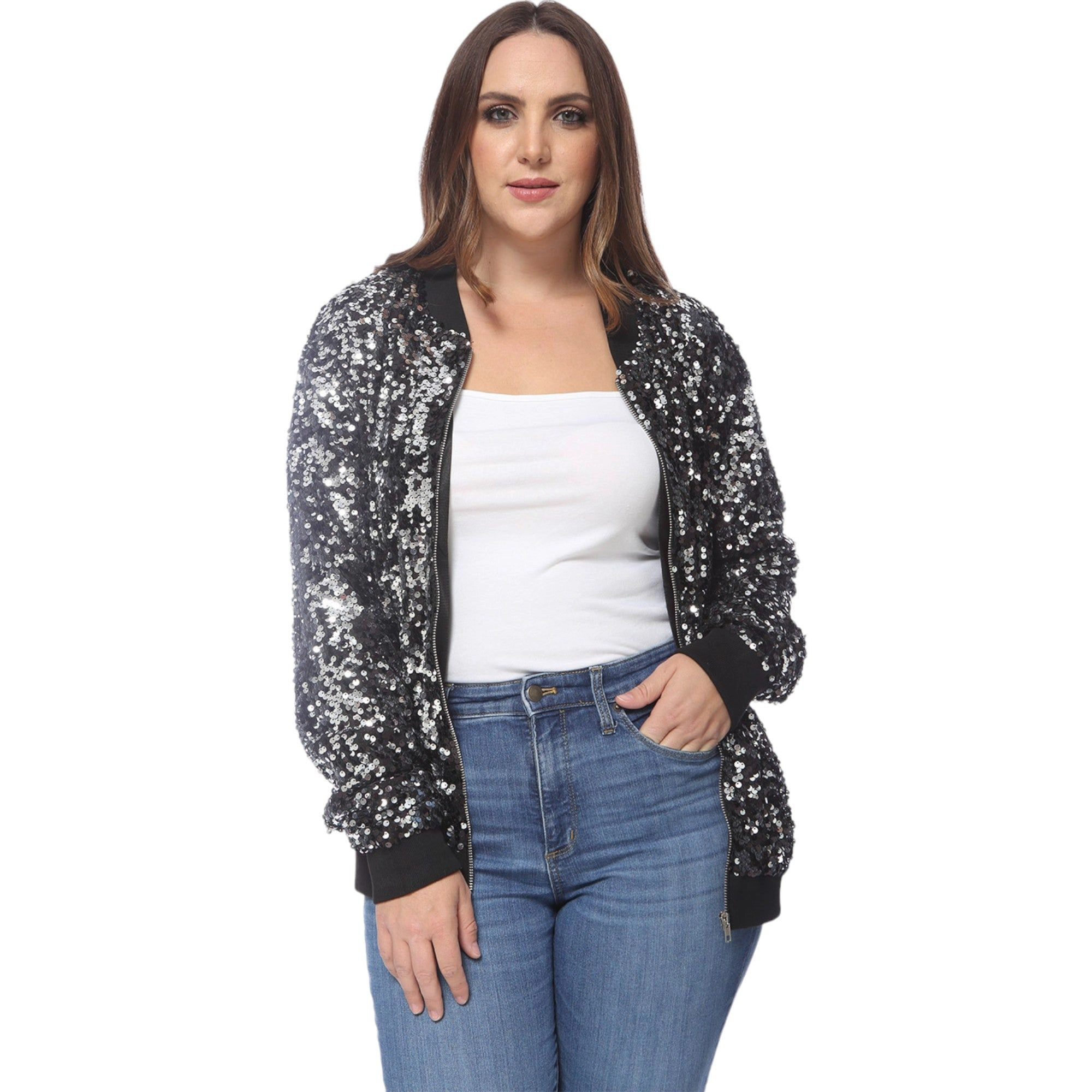 Anna-Kaci Women's Plus Sequin Bomber Jacket