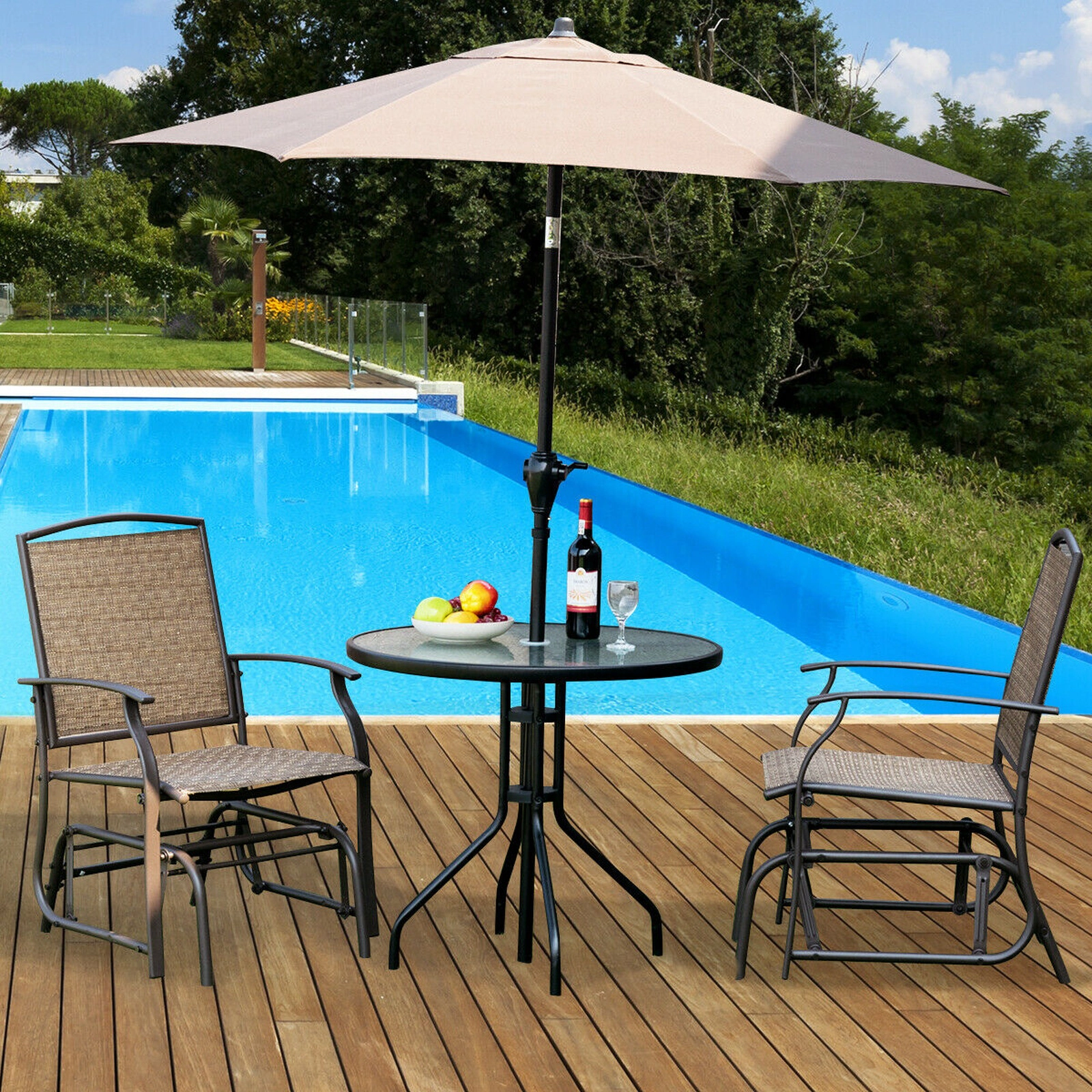 SUGIFT 2-Piece Patio Fabric and Iron Single Glider Rocking Chair Set 330-Lb Capacity Brown Outdoor Rocking Seating