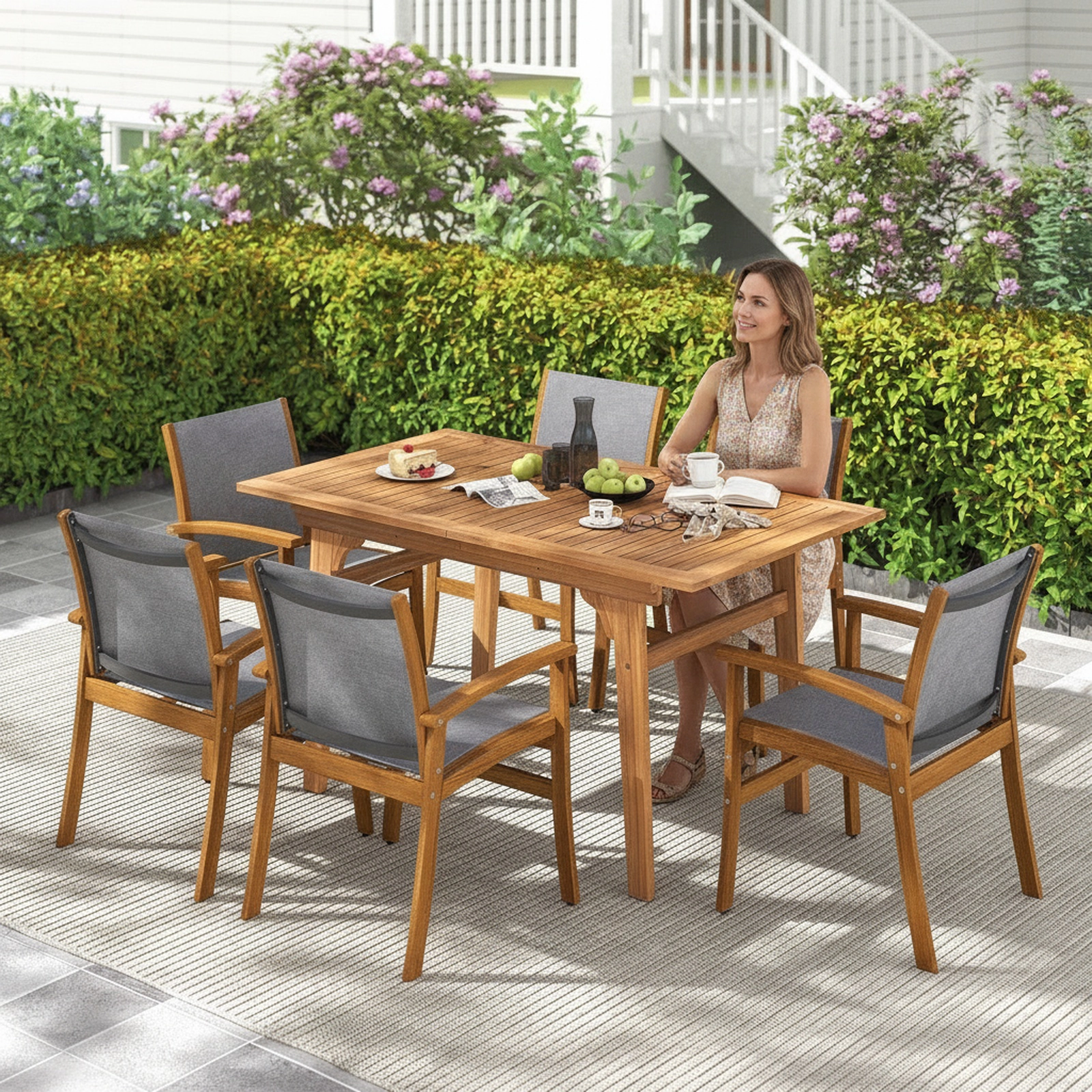 SUGIFT Set of 2 Patio Dining Chairs, Acacia Wood, Sling Fabric, Curved Arms, Natural Gray