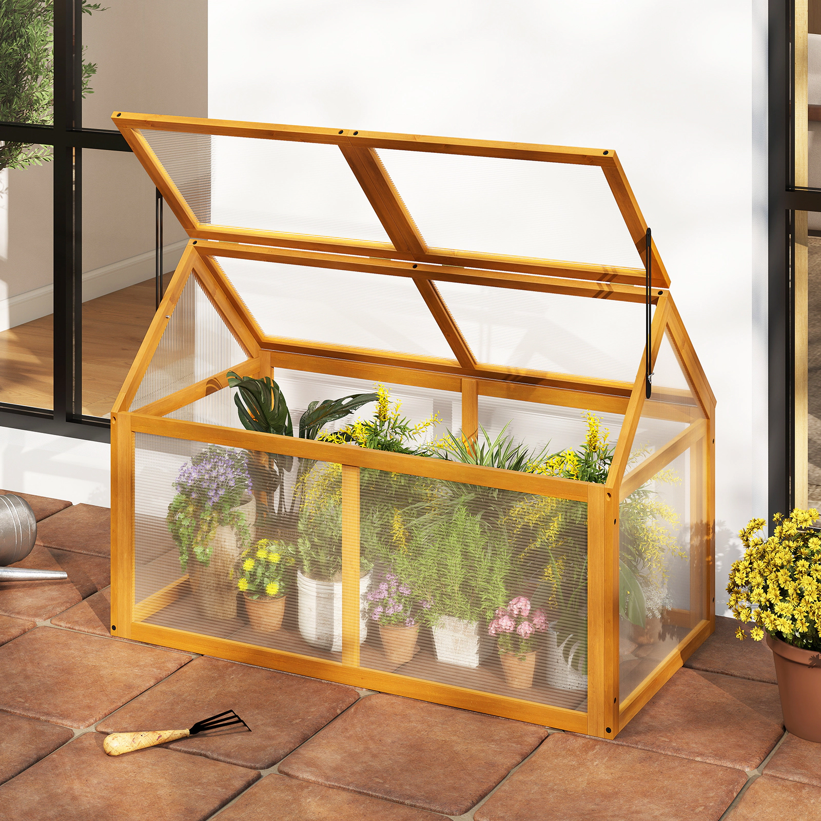 LJG Wood Cold Frame Greenhouse Raised Flower Planter Protection with Adjustable Roof