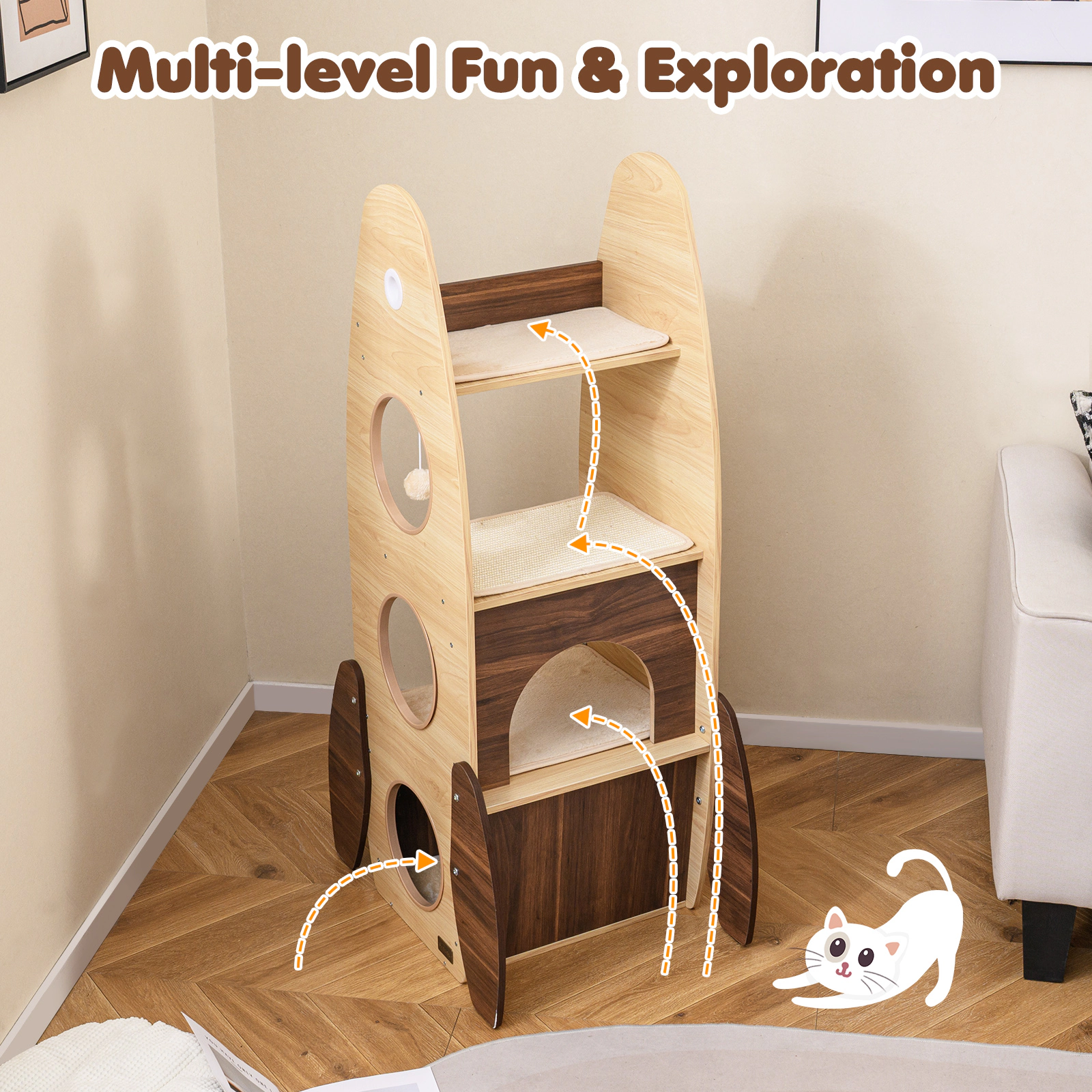 Glintex 47-Inch Rocket Cat Tower with Triangle Structure and Guardrail Top Perch, Natural