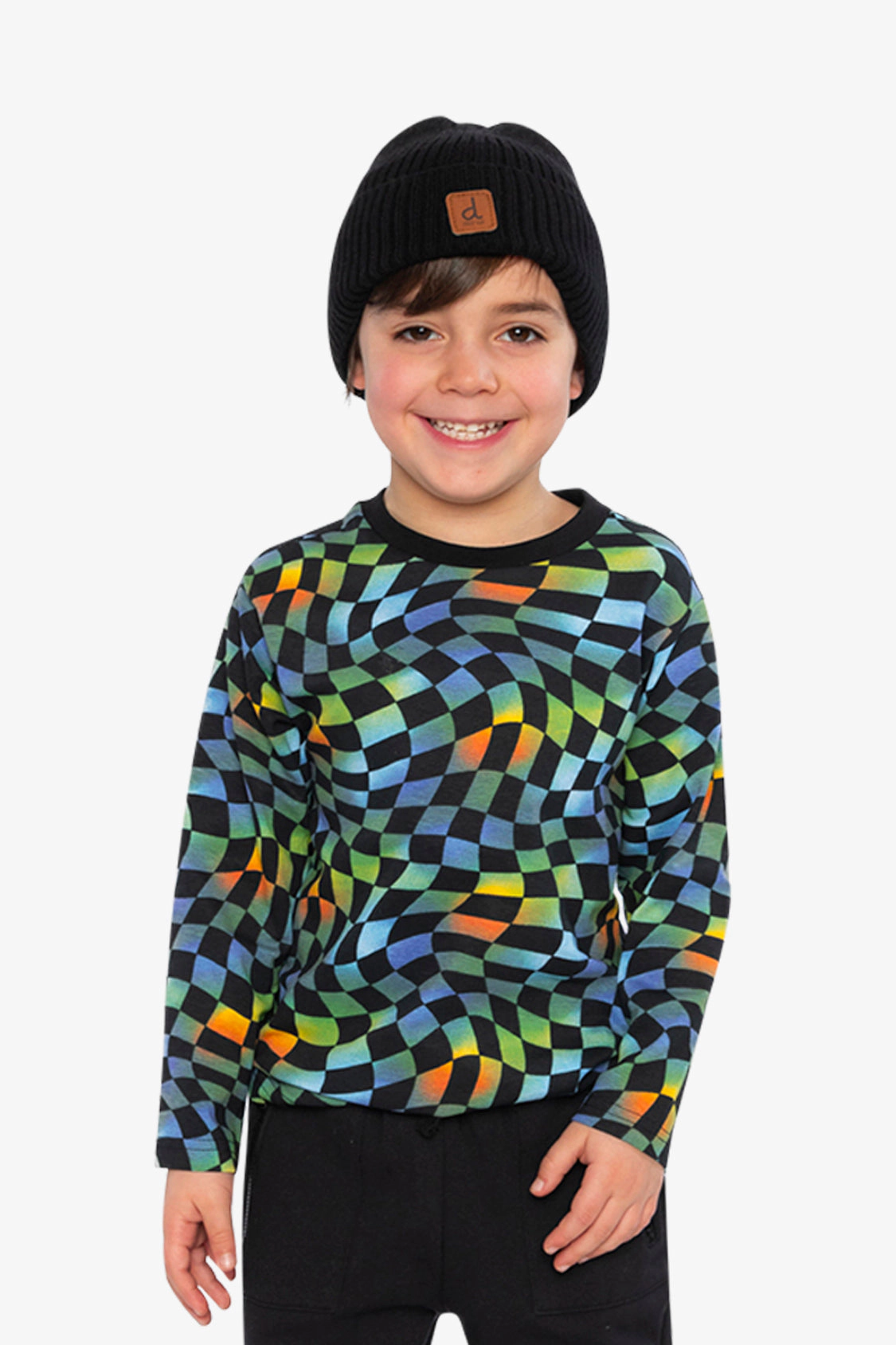 Deux par Boys Organic Cotton Long Sleeve Checkered T-Shirt