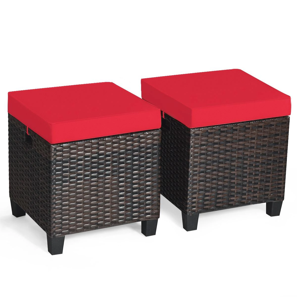 SUGIFT Set of 2 Hand Woven PE Rattan Zippered Cushions Cube Patio Ottomans 16-in x 16-in x 18-in 375-lb Capacity Red