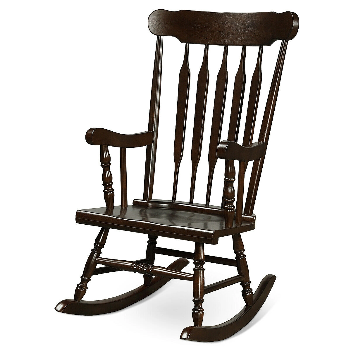 SUGIFT 300-lb Capacity Brown Solid Rubber Wood Indoor Outdoor Rocking Chair with Slatted Back and Curved Armrests