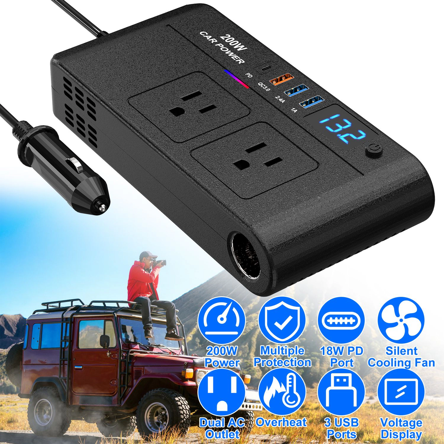 GBruno 200W Car Power Inverter DC 12V To AC 110V