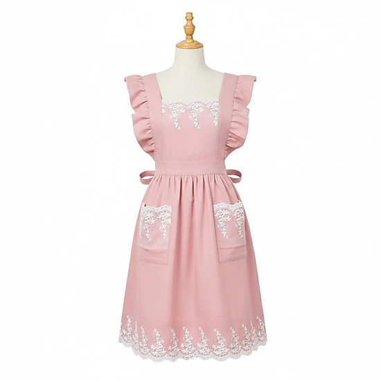 Alilang Unisex Lace Trim Ruffle Kitchen Apron with Embroidered Bib Detail Dual Front Pockets and Adjustable Waist Ties