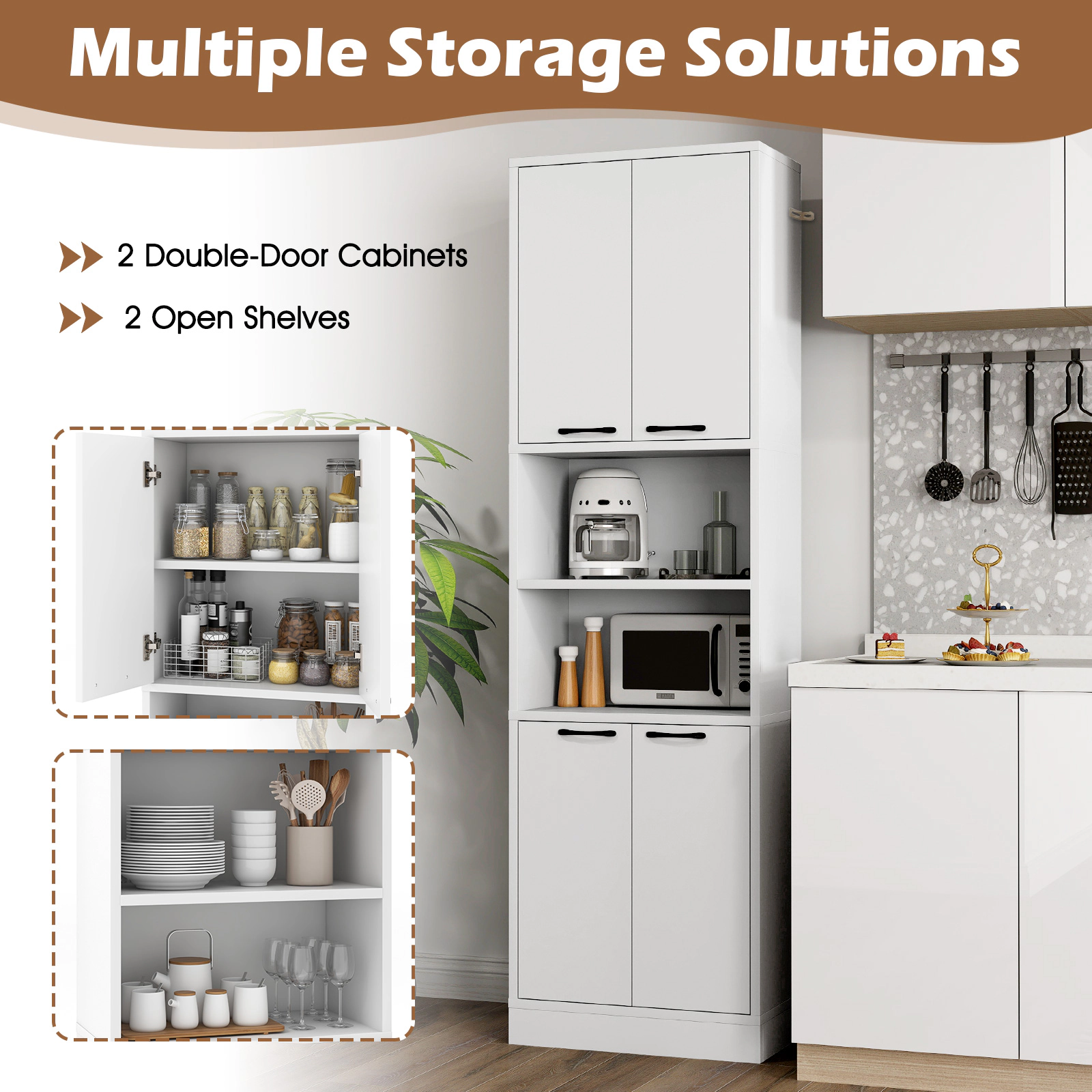 SUGIFT 75-in Tall 2 Double-Door Cabinets 2 Open Shelves Kitchen Pantry Cabinet 22-in x 12-in 300-lb Capacity White