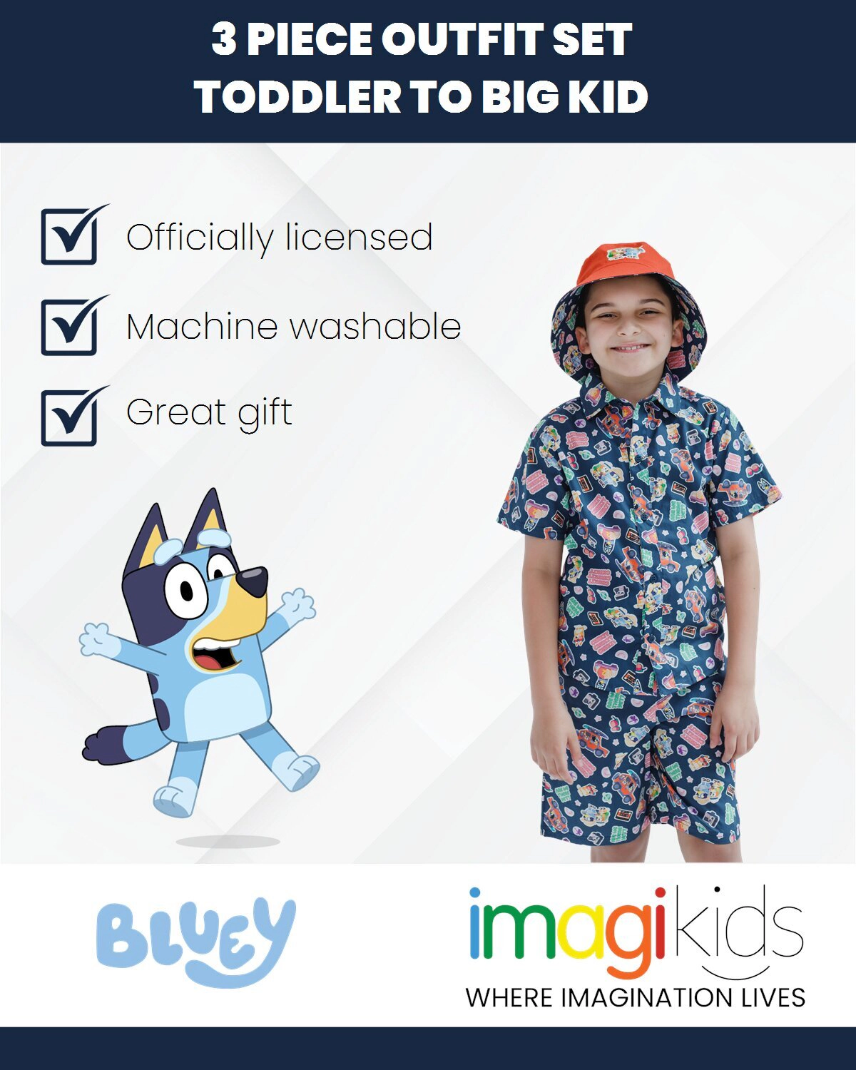 Bluey Boys' Button-Down Shirt and Shorts Set with Hat