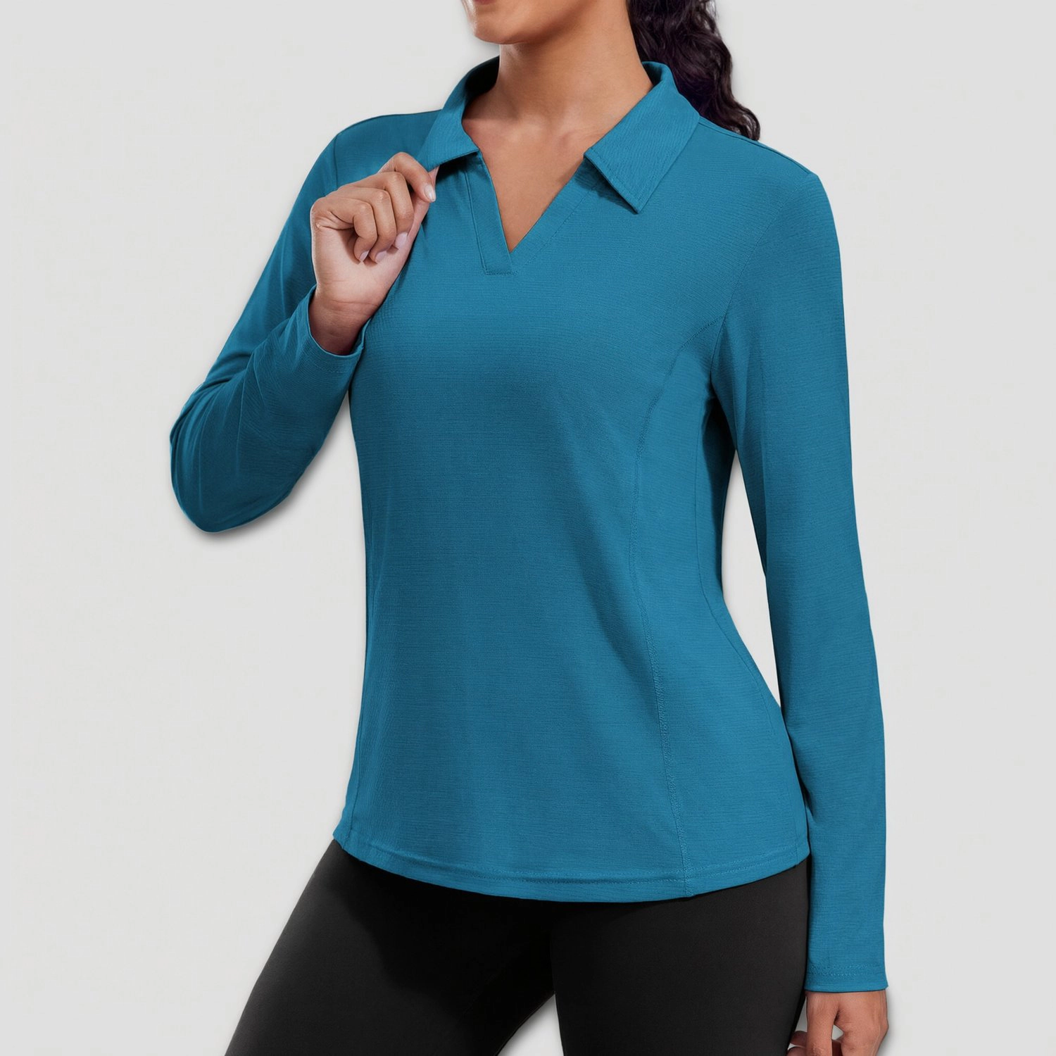 Pinspark Womens Solid Long Sleeve Polo Shirts Fall V Neck Collared Casual Tops