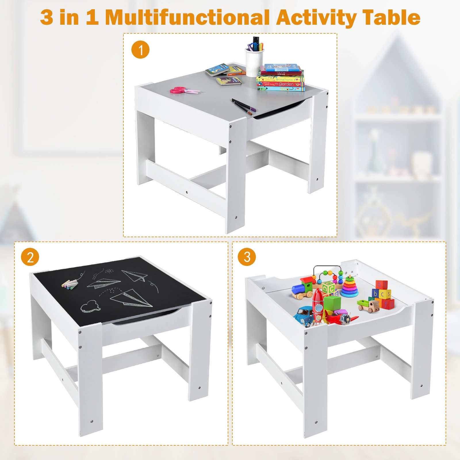 SUGIFT White Storage Boxes and Reversible Chalkboard Whiteboard Top 3-Piece Kids Table and Chair Set