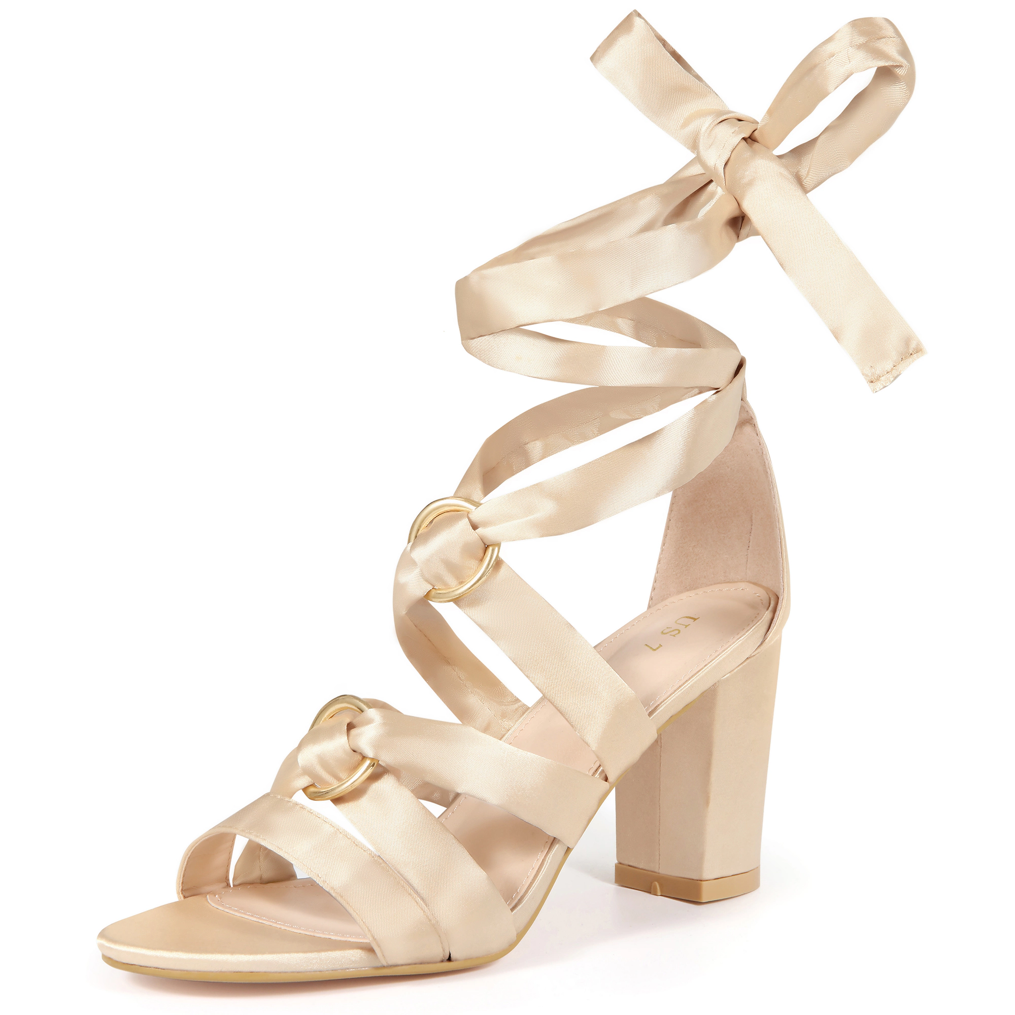 BLISSFUL STEP Women's Satin Decorative Circle Strappy Lace Up Chunky Heel Sandals