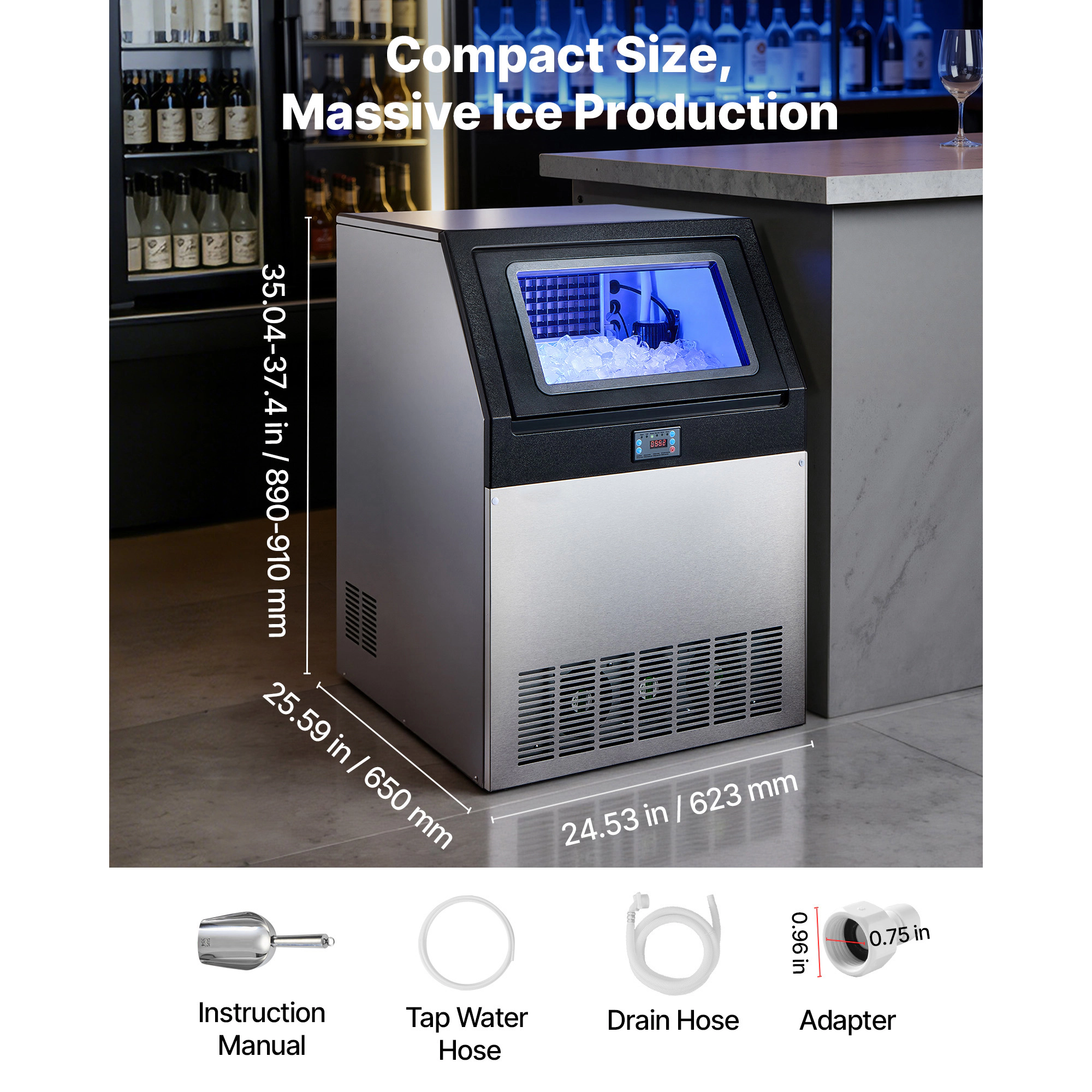 HONGGE Commercial Ice Maker Machine /24h with Storage Capacity Built-in/Freestanding/Under Counter Stainless Steel Ice