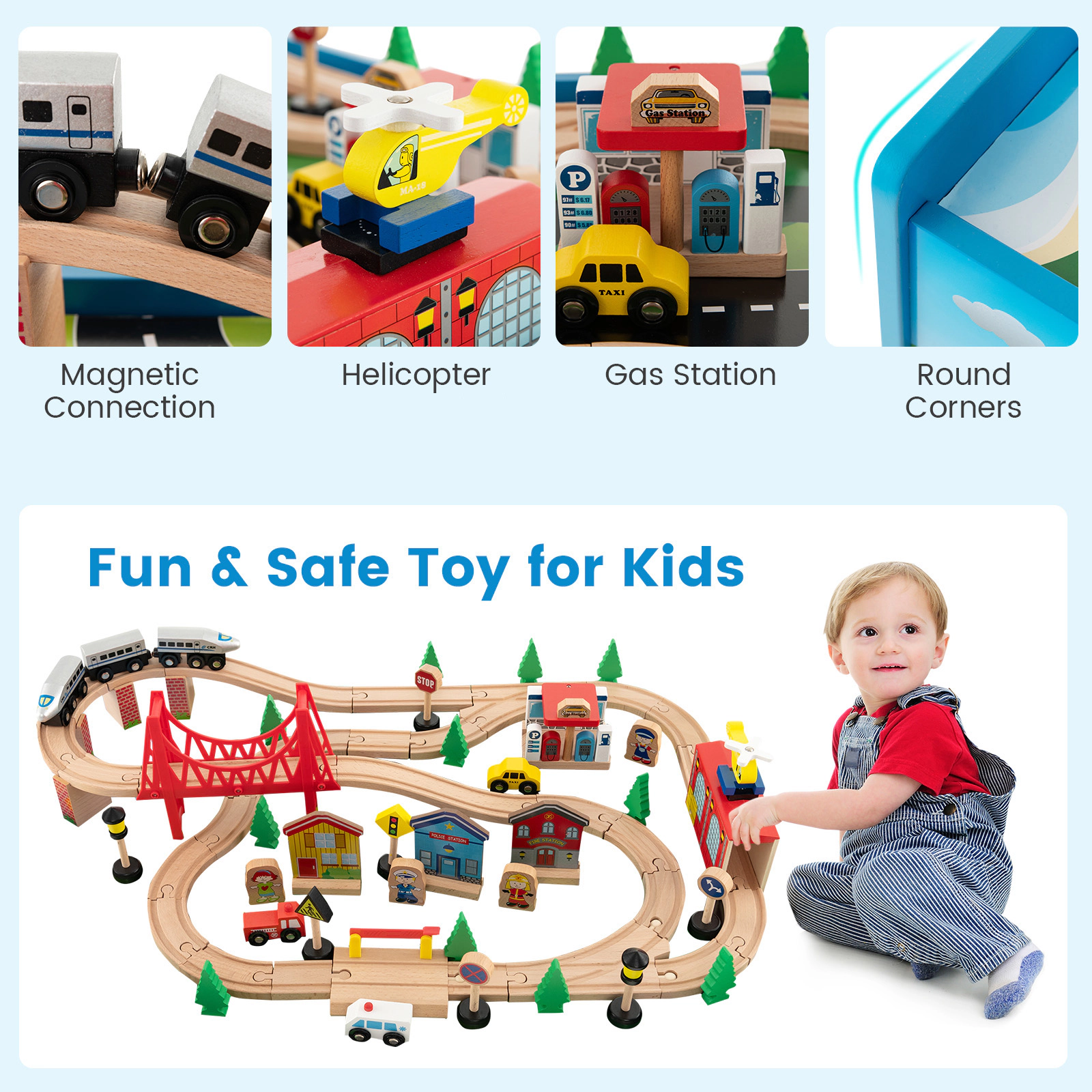 SUGIFT 80-Piece Wooden Train Set and Table 16-in Tall Ages 18M+ Multi-color