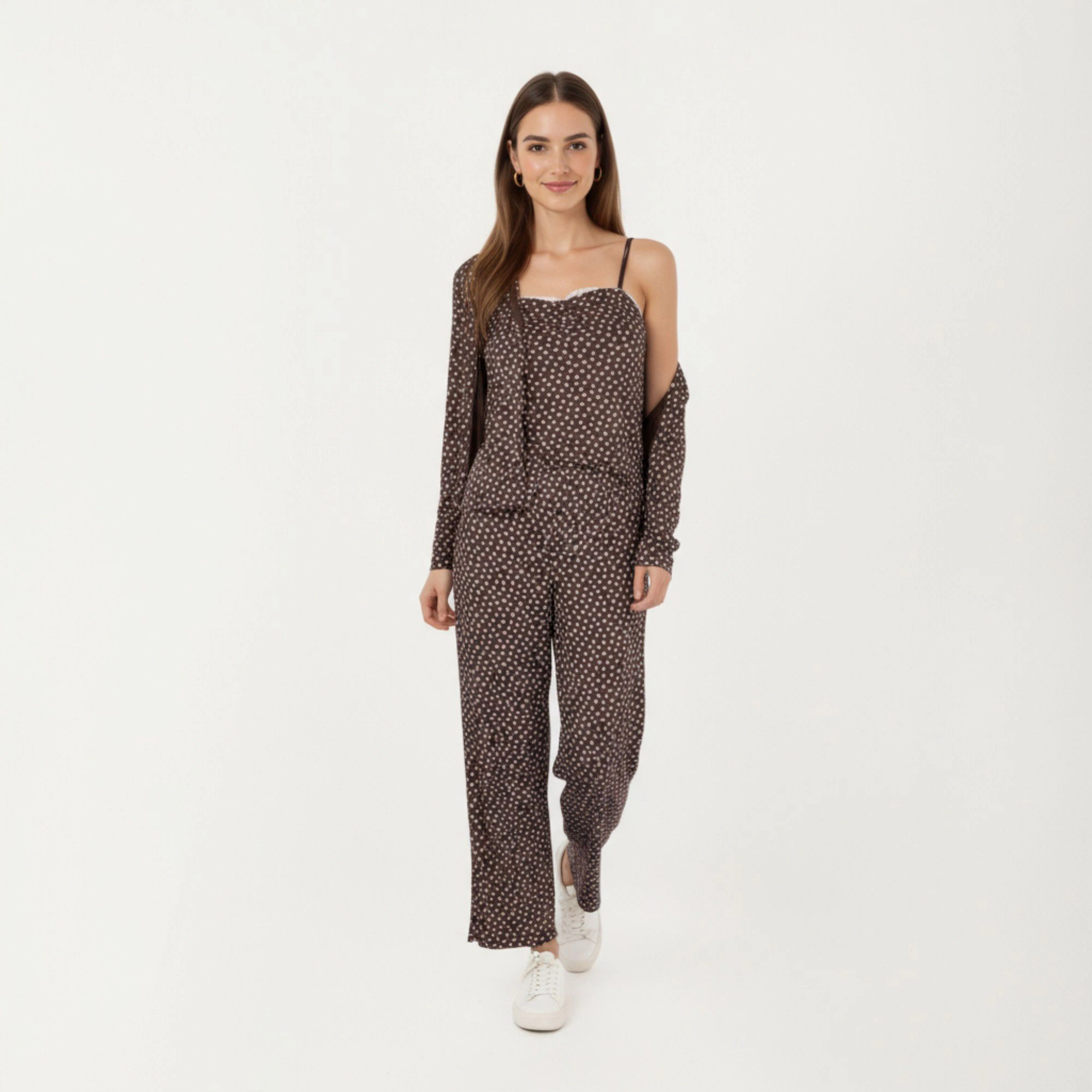 Anna-Kaci Women's 3-Piece Long Sleeve Padded Button Top Camisole and Relaxed Fit Pants Pajama Set with Soft Knit Fabric