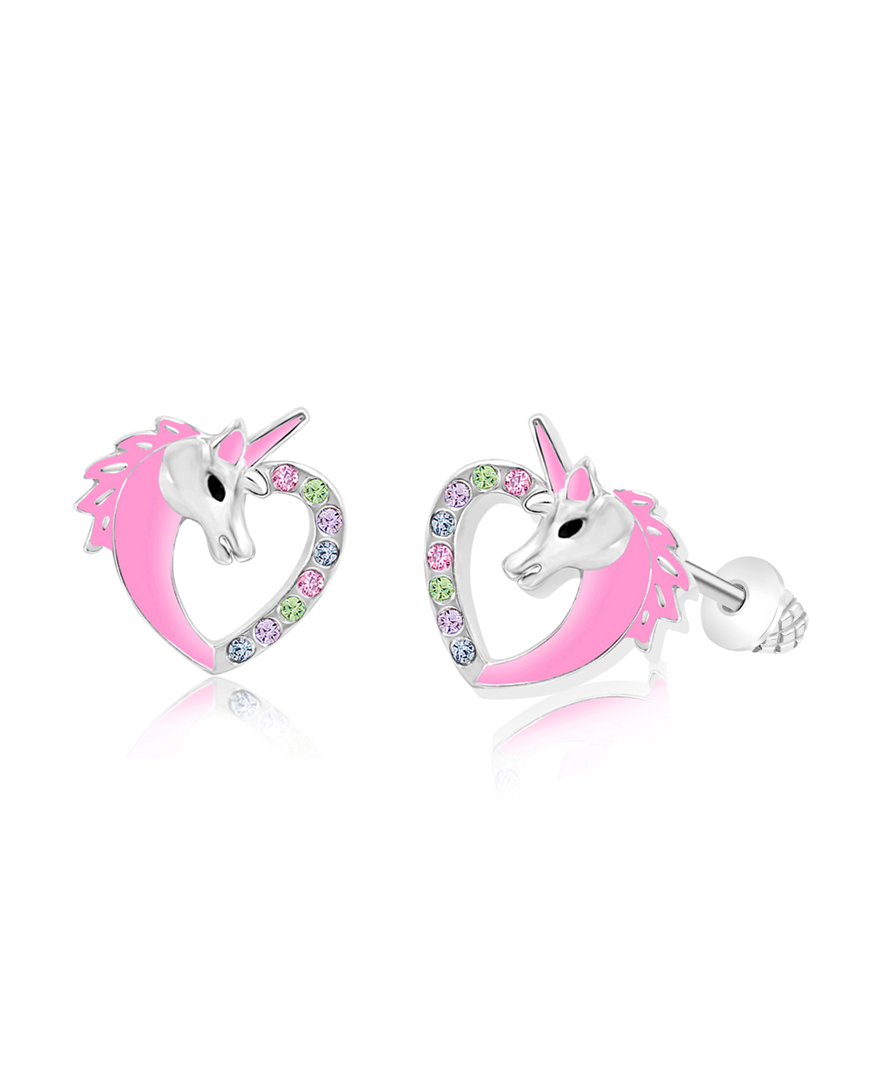 CHANTEUR Kids Unicorn Heart Crystal Stud Earrings - White Gold Palladium Plating, Screw Back for Sensitive Ears