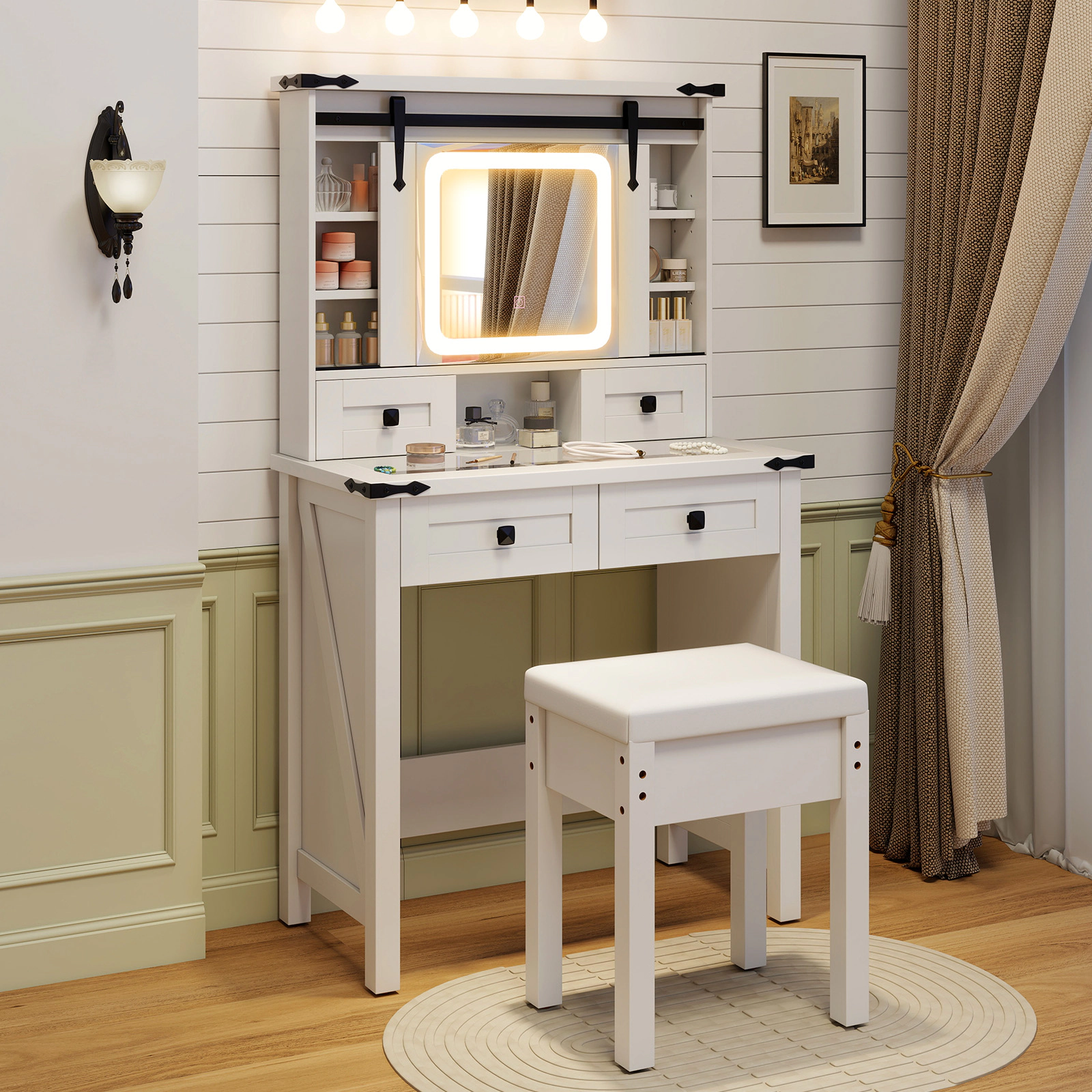 LJG Makeup Vanity Desk with Mirror and Adjustable Storage Shelves