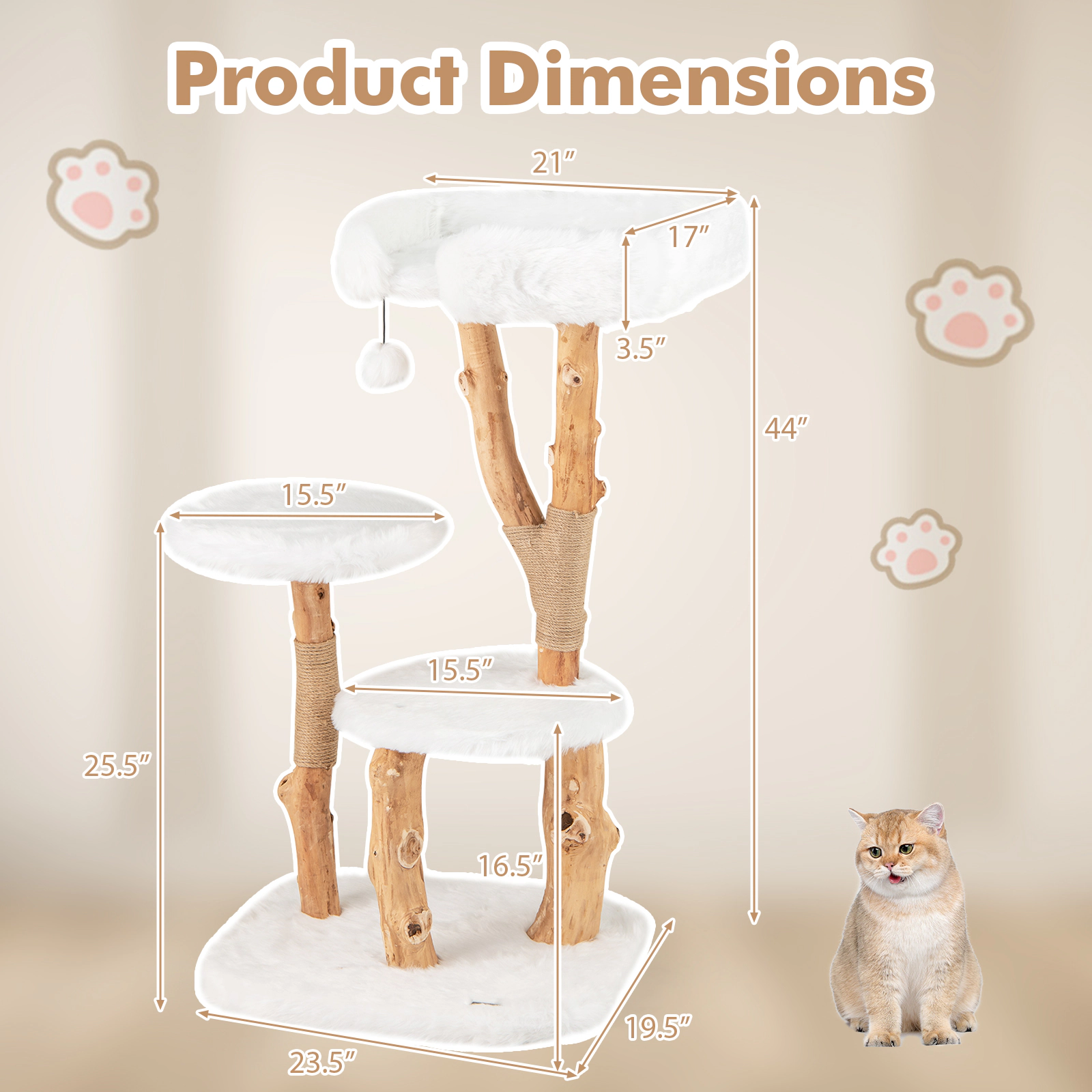 SUGIFT 44-in Solid Wood Cat Tree with Top Perch and Natural Jute Scratching Posts 33-lb Capacity Natural+White