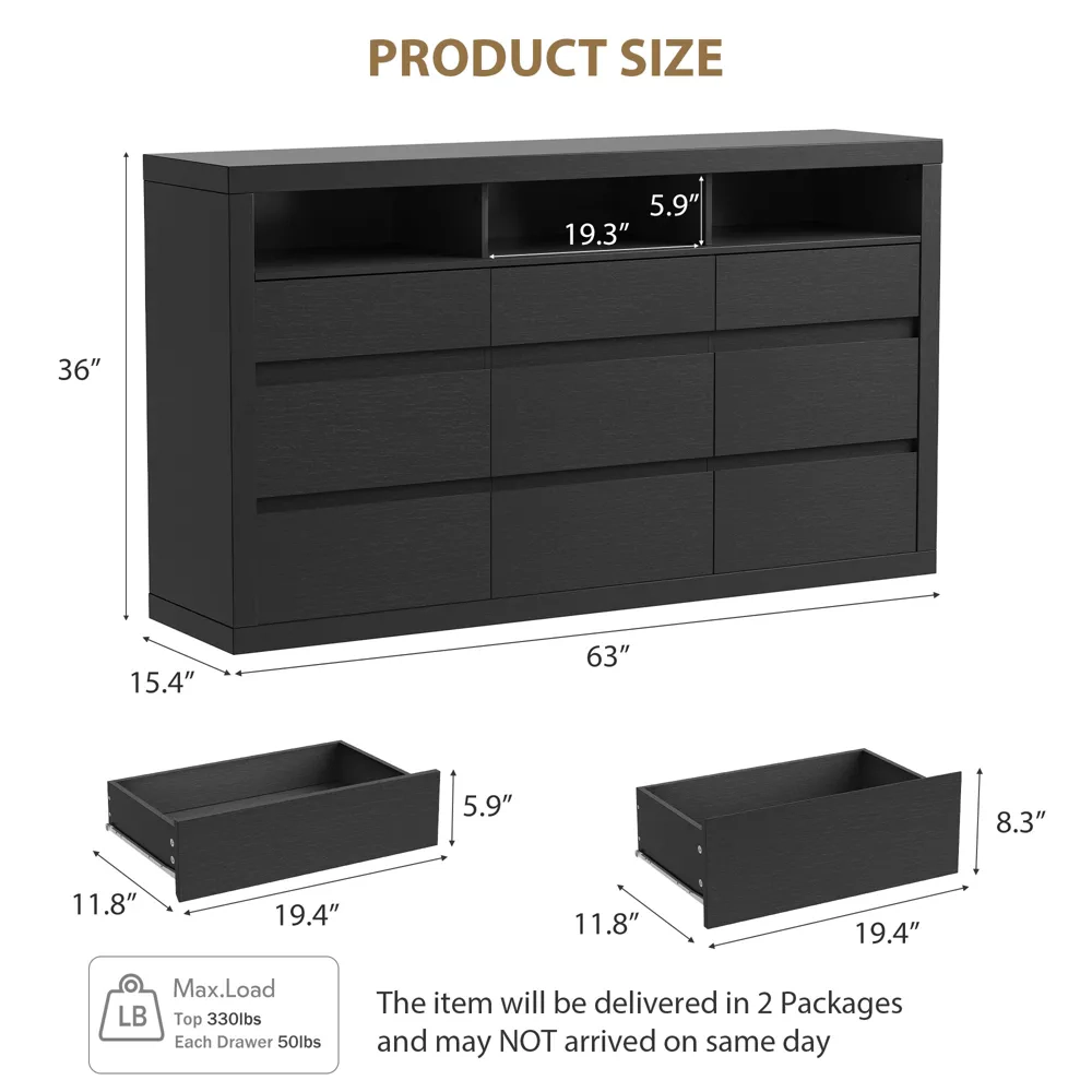 9 Drawer Modern Wooden Dresser with 3 Open Shelves, Handleless Storage Chest for Bedroom Living Room