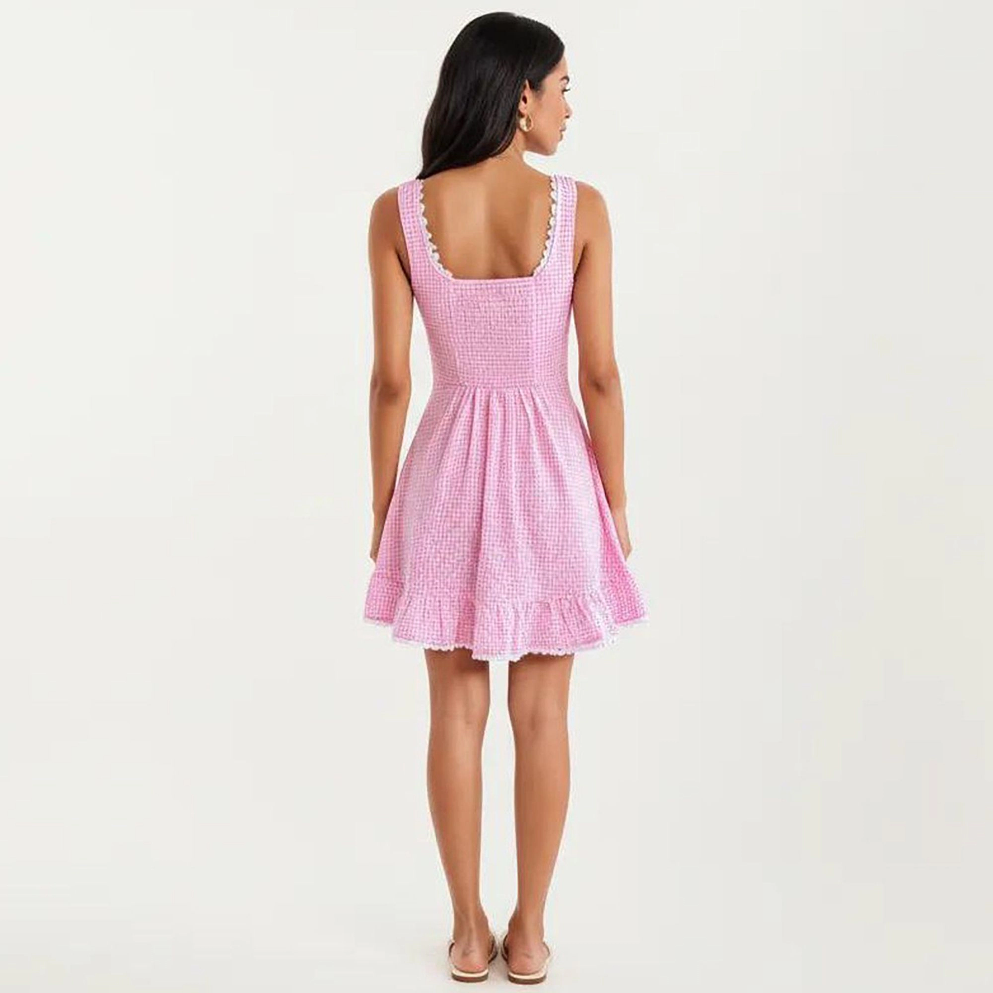 Anna-Kaci Women's Gingham Tie Front Bodice Ruffle Hem Mini Dress