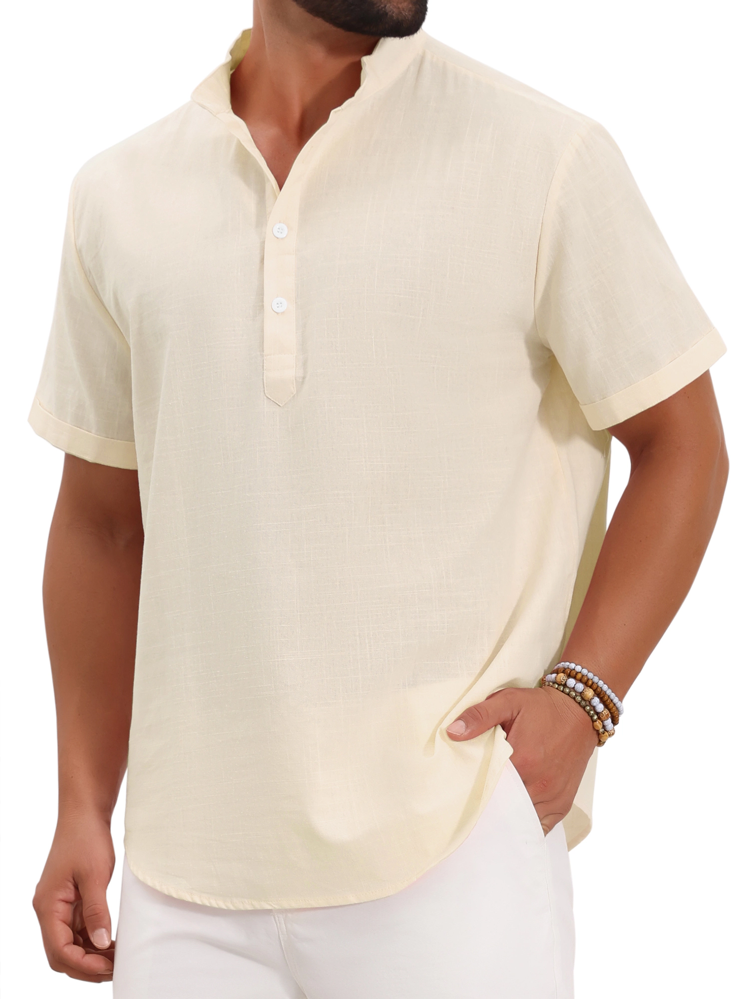 INSPIRE CHIC Men's Stand Collar Short Sleeve Linen Henley Shirt