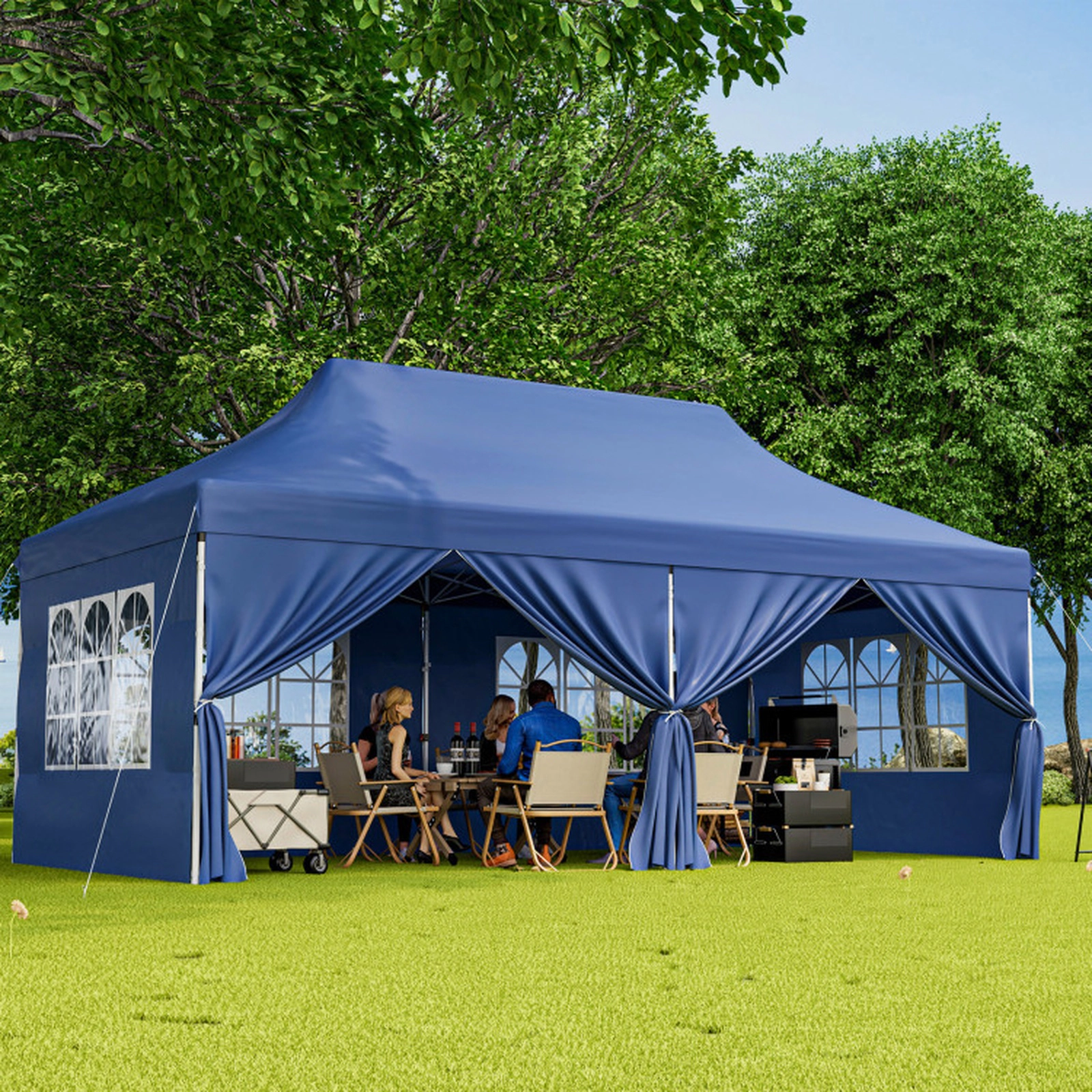 SUGIFT Blue 10-ft by 20-ft 3-Level UPF50+ 210D Oxford Pop Up Canopy Tent with 6 Sidewalls and Windows