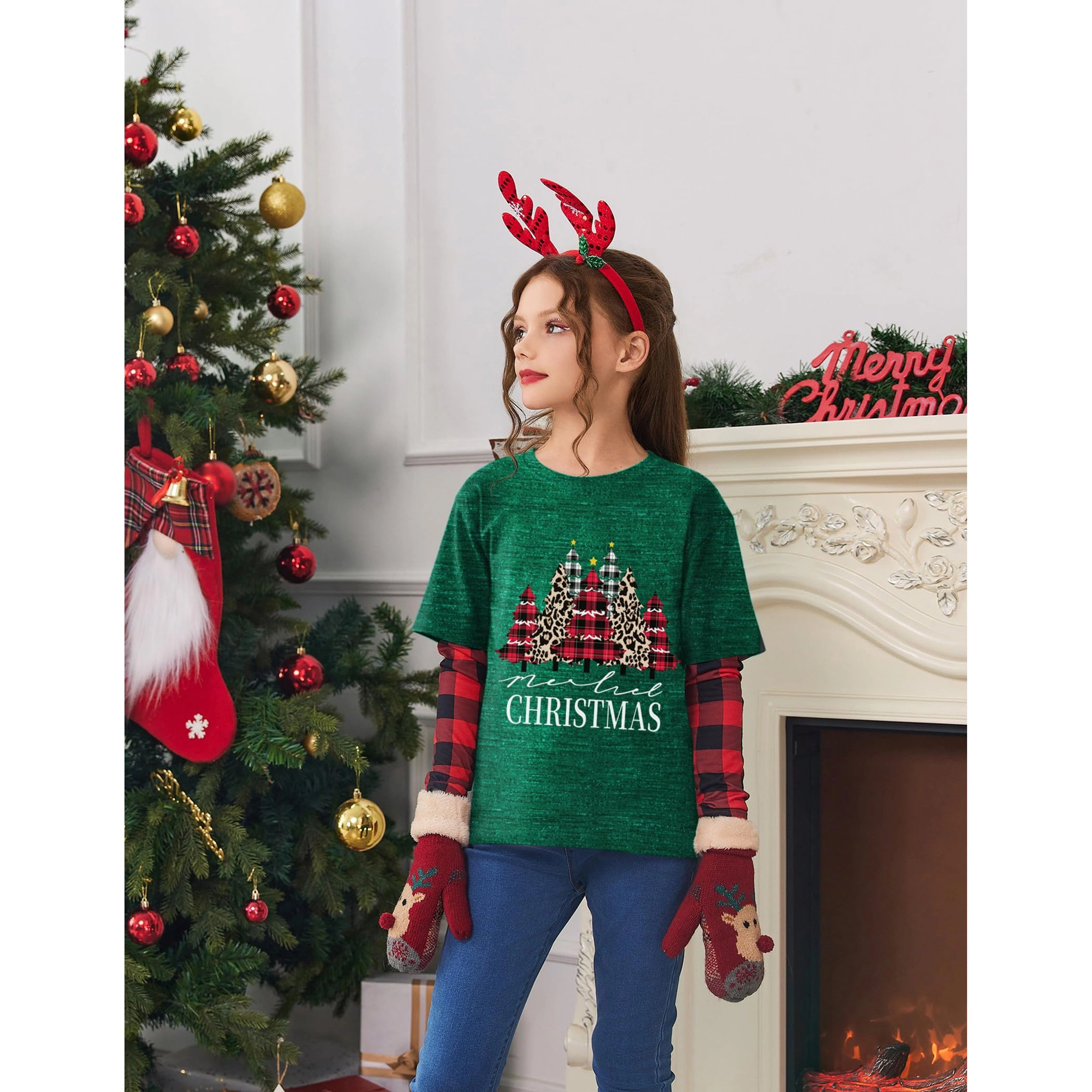 Arshiner Girls Christmas Halloween Long Sleeve Shirts Graphic Stripe Plaid Patchwork Top T-Shirt