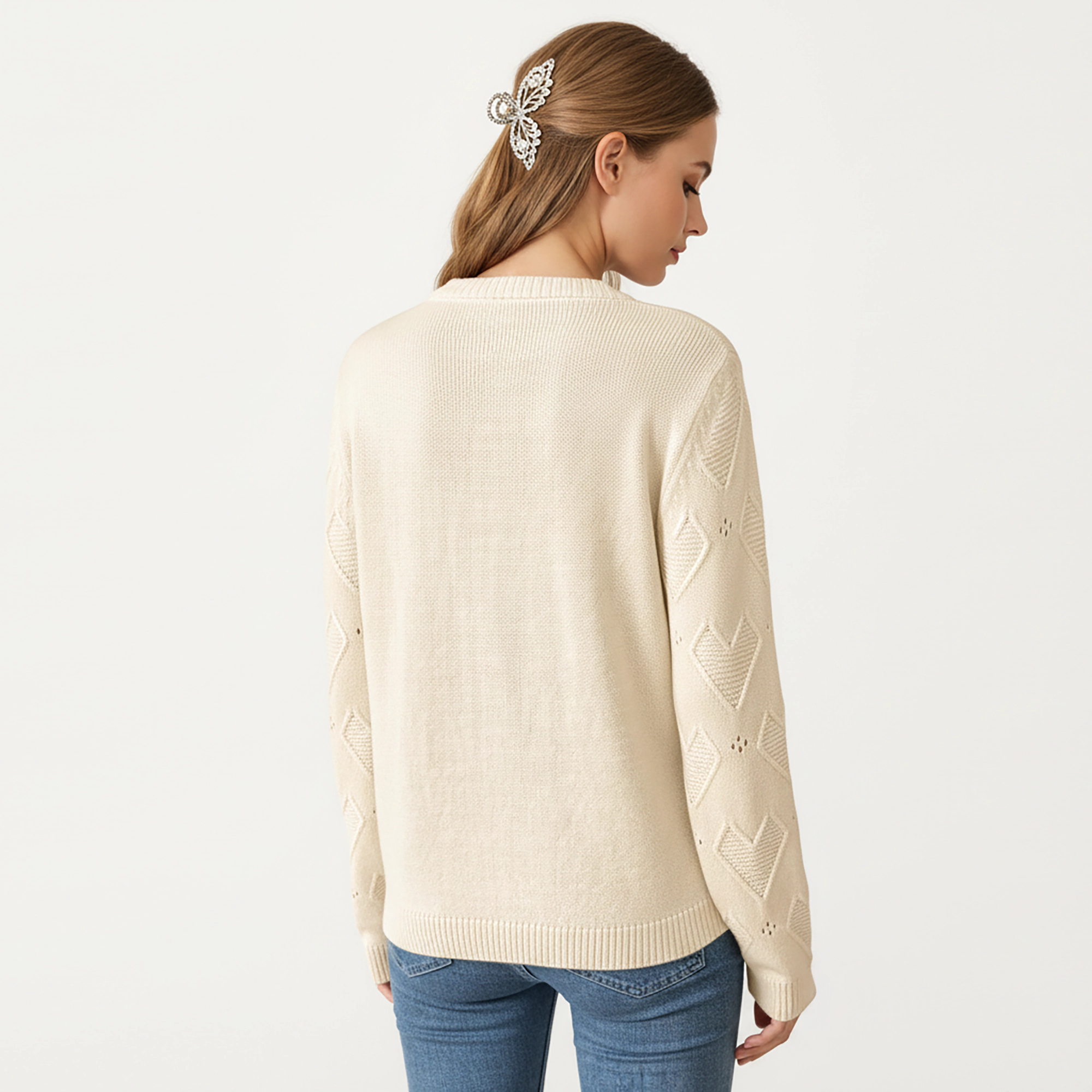 Anna-Kaci Women's Knit Top with Textured Valentine Heart Pattern and Contrast Accent Detail