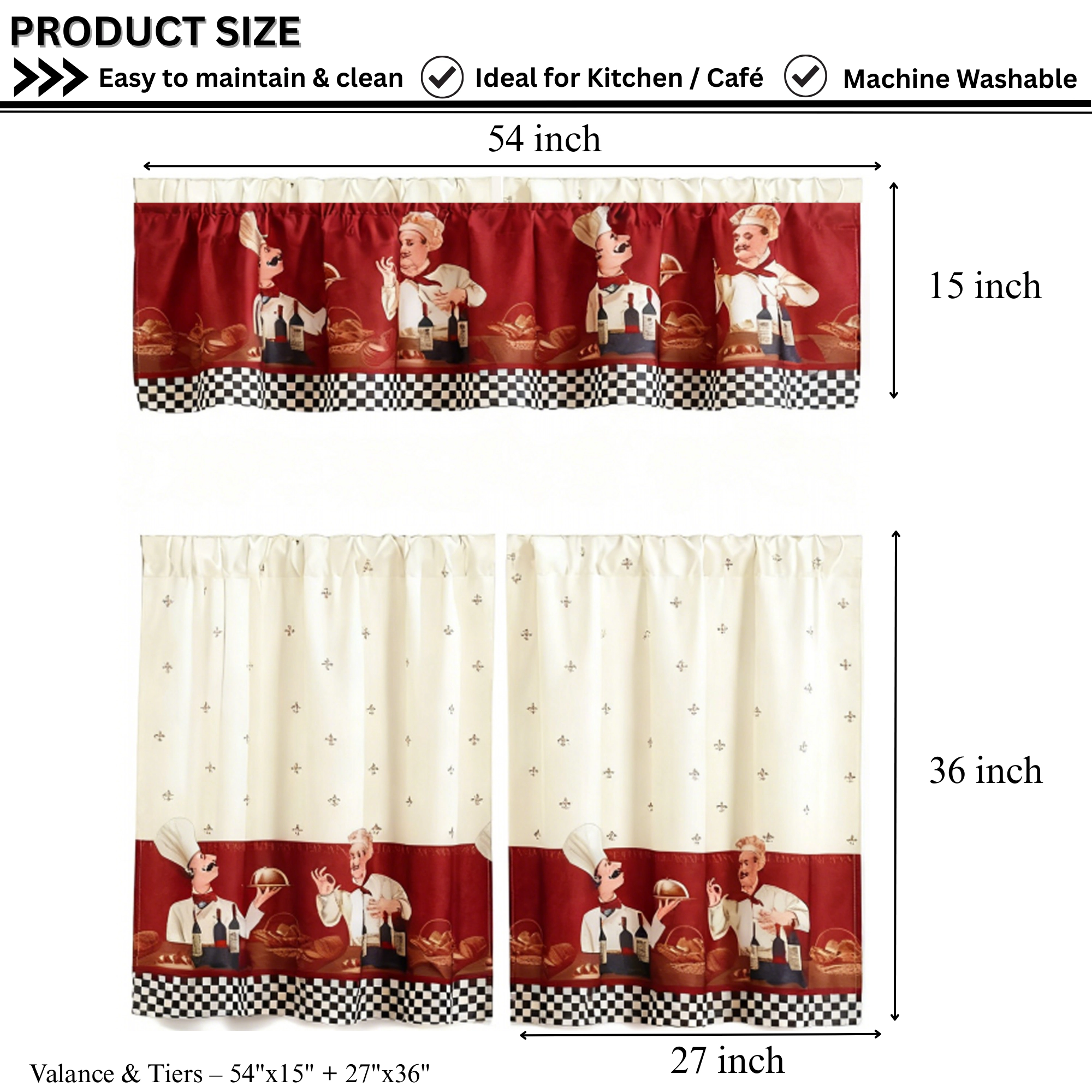 MarCielo 3 Piece Kitchen Curtain Set, Swag & Tier Rod Pocket
