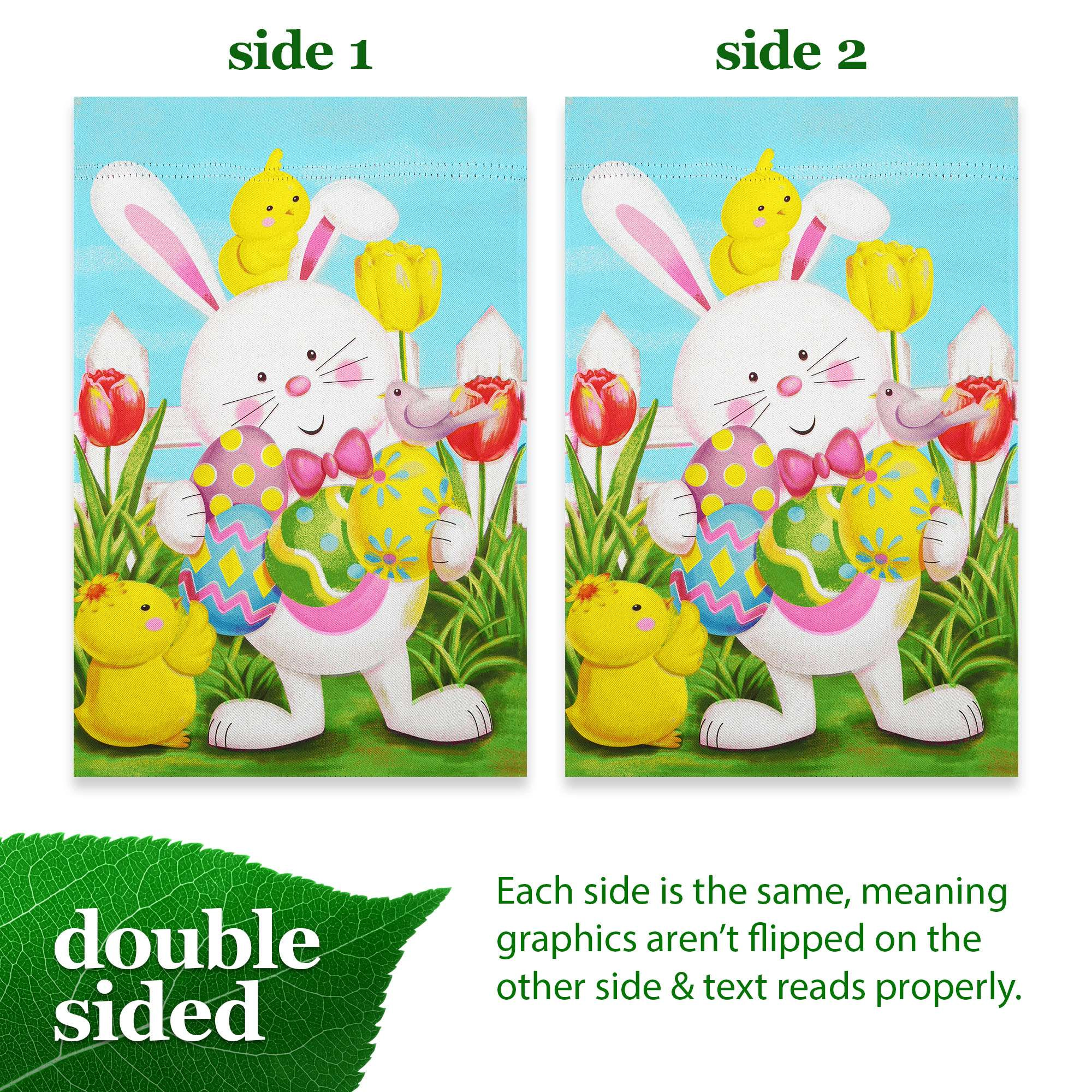 G128 Happy Easter Garden Flag 12x18 in Double-Sided White Bunny with Eggs