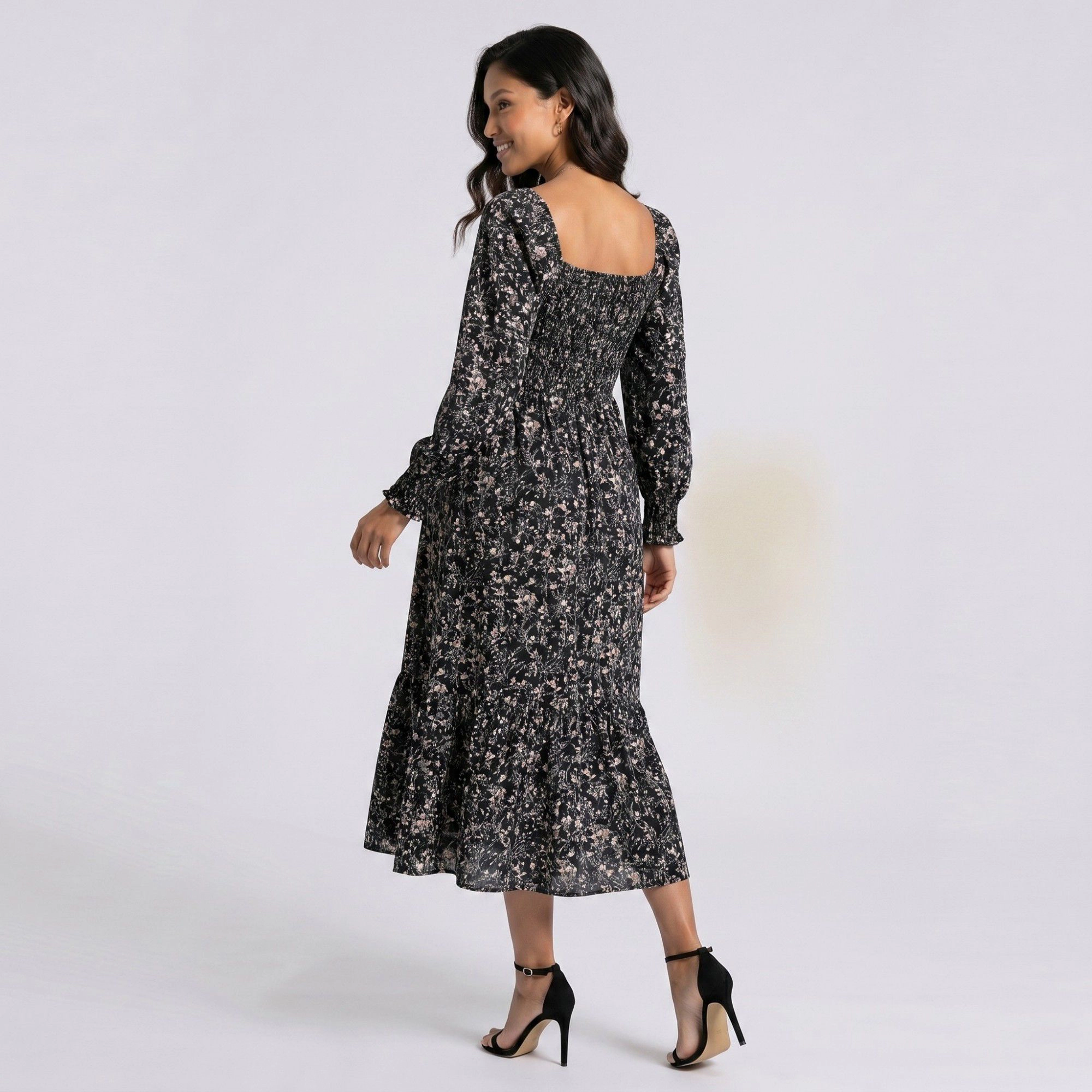 Anna-Kaci Women's Maternity Floral Square Neck Long Sleeve Smocked Bodice Midi Dress