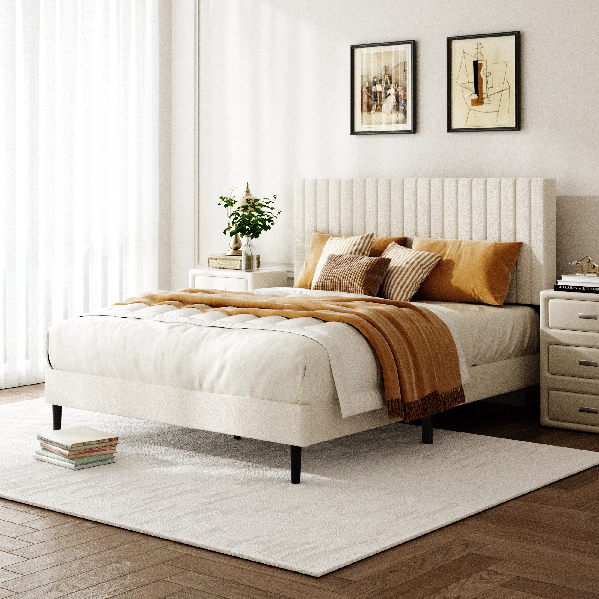 Flynama Queen Velvet Platform Bed with Height-Adjustable Headboard, Sturdy & Quiet, Beige