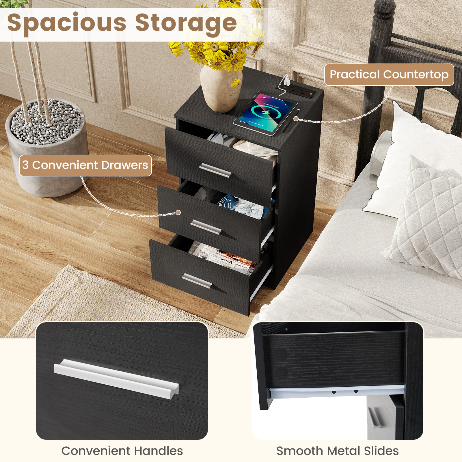 SUGIFT Nightstand Charging Station End Table 3 Storage Drawers 44-lb Countertop Capacity 22-lb Drawer Capacity Black