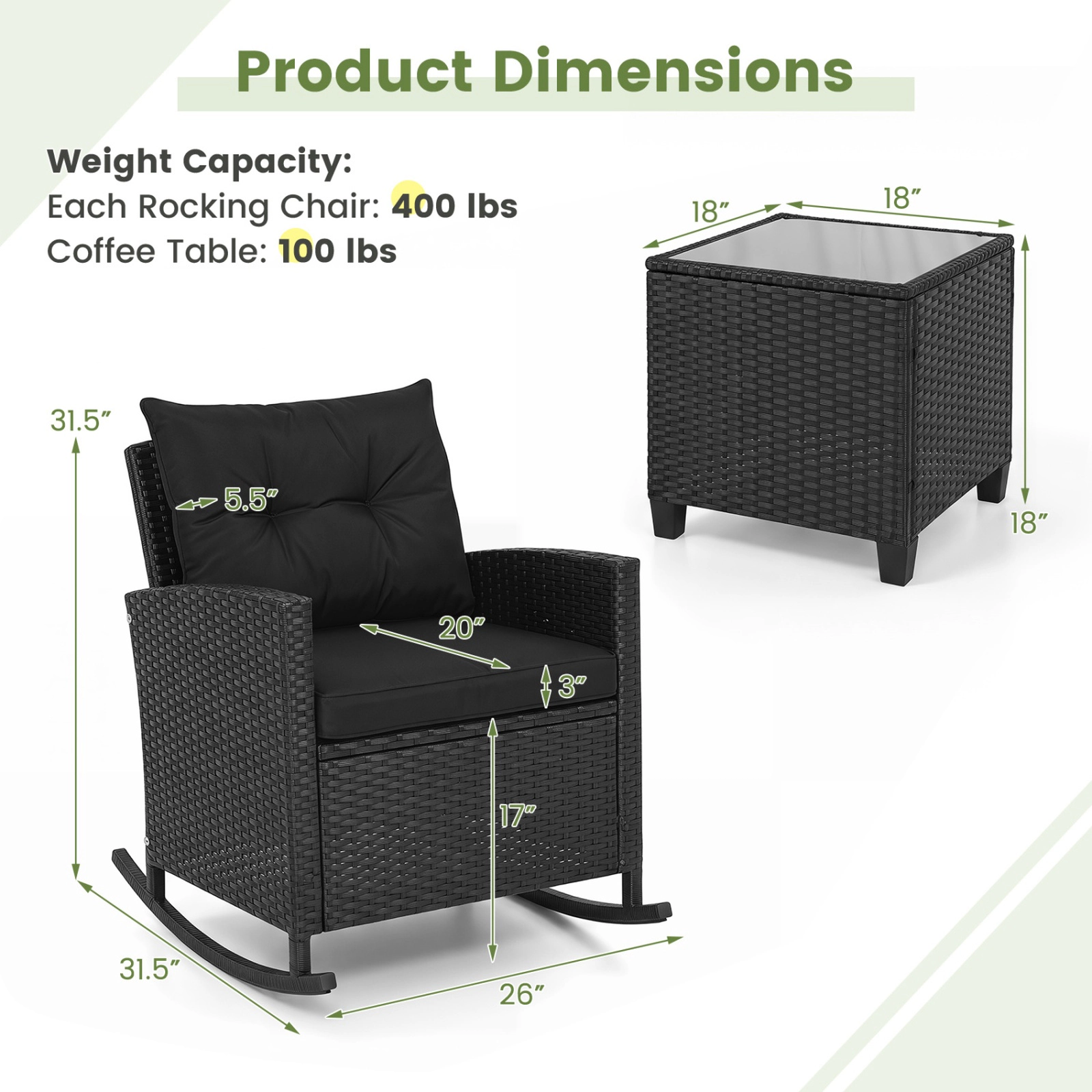 SUGIFT 3-Piece Patio Rattan Rocker Conversation Set Tempered Glass Table & Soft Cushions 400-Lb Capacity Black & Brown