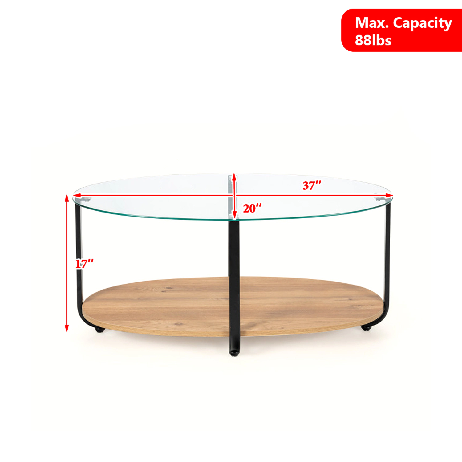 Hivvago Glass Oval Coffee Table with Wooden Storage Shelf