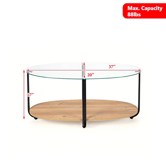 Hivvago Glass Oval Coffee Table with Wooden Storage Shelf
