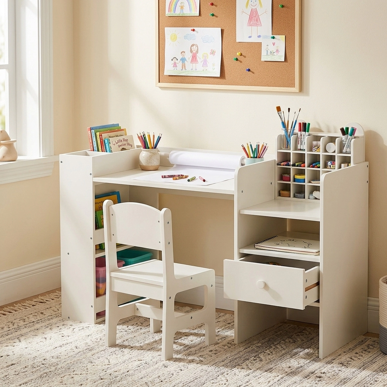 SUGIFT White Toddler Desk and Chair Set, 42.5-in Learning Station with Paper Roll, Cubby and Shelves