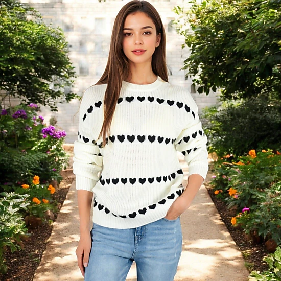 Anna-Kaci Women's Long Sleeve Knit Valentine Sweater with Heart Pattern and Crew Neck