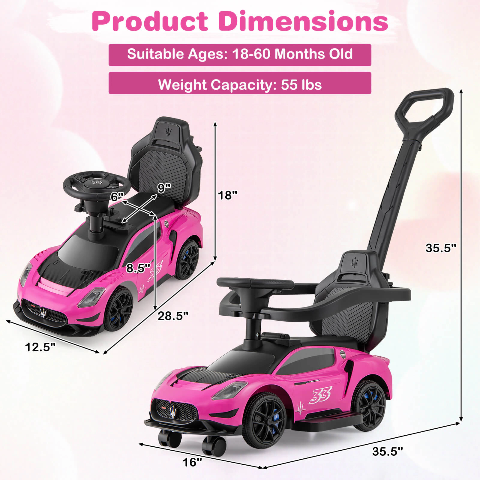 Costway 3-in-1 Ride on Push Car Maserati Licensed Foot to Floor Kids Sliding Walking Pink/White