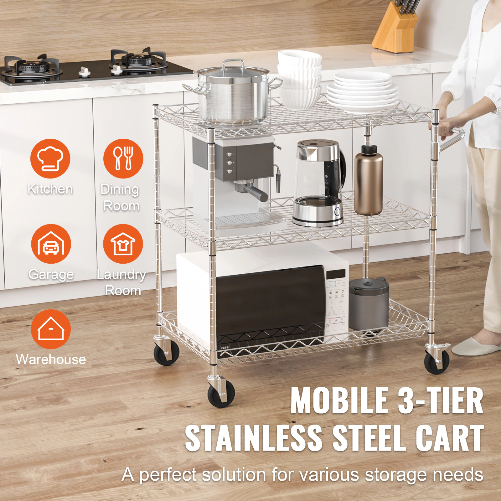 HONGGE 3-Tier Chrome Steel Kitchen Utility Cart, 661 lbs Heavy Duty Capacity, Adjustable Wire Storage Trolley