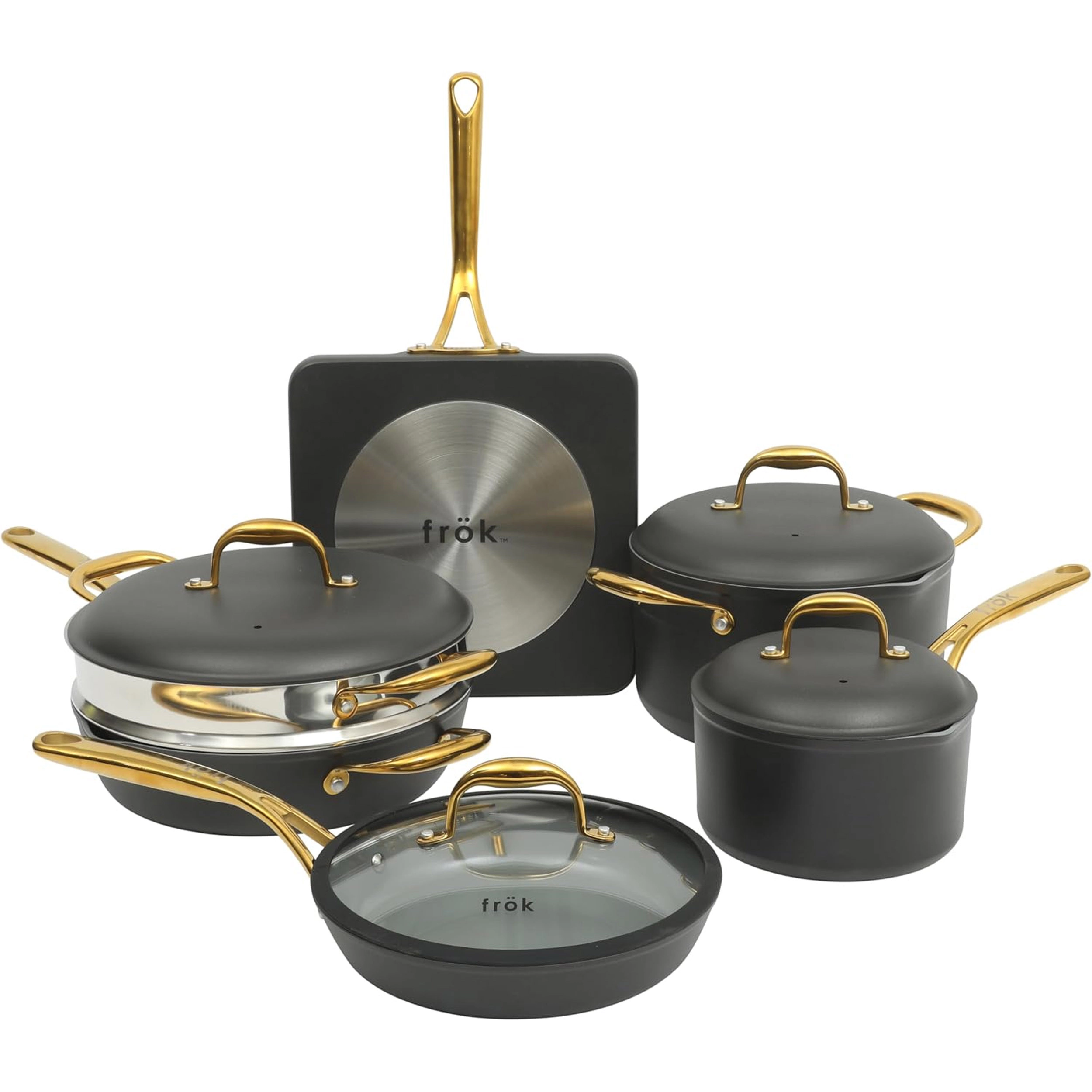 Frok 10 Piece Cearmic Nonstick Aluminum Cookware Set in Black with Gold Handles