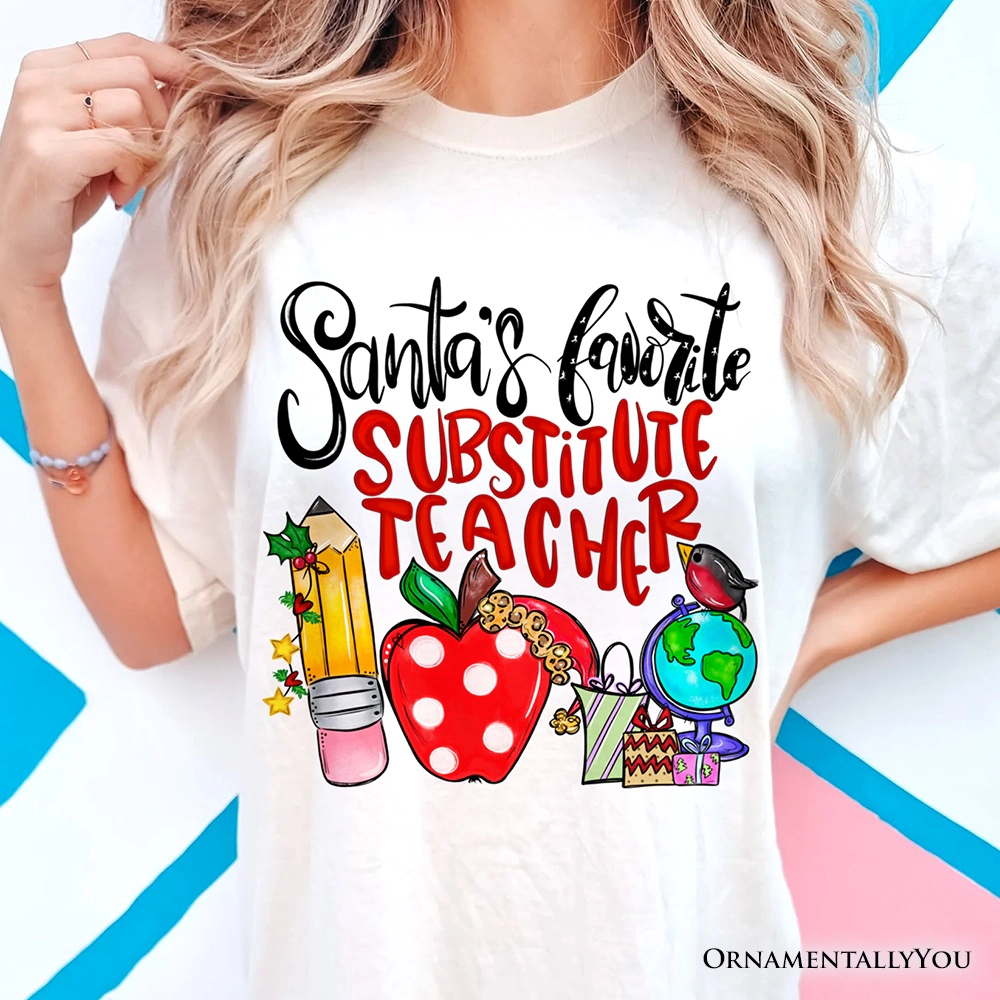 OrnamentallyYou Unisex Santa's Favorite Substitute Teacher Merry Christmas T-Shirt