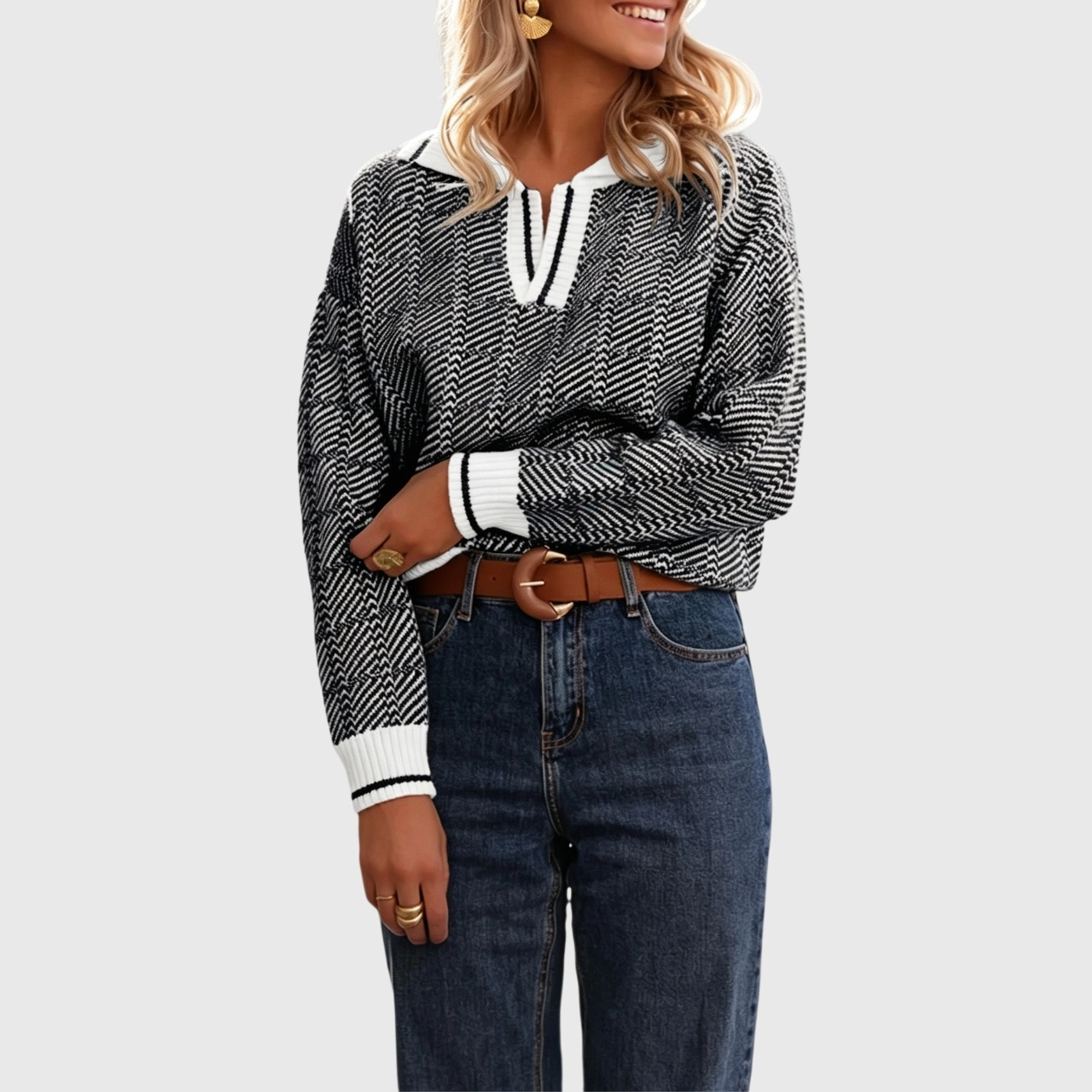 YesFashion Women's Fall Checkered Sweaters Lapel V Neck Knit Color Block Cozy Pullovers