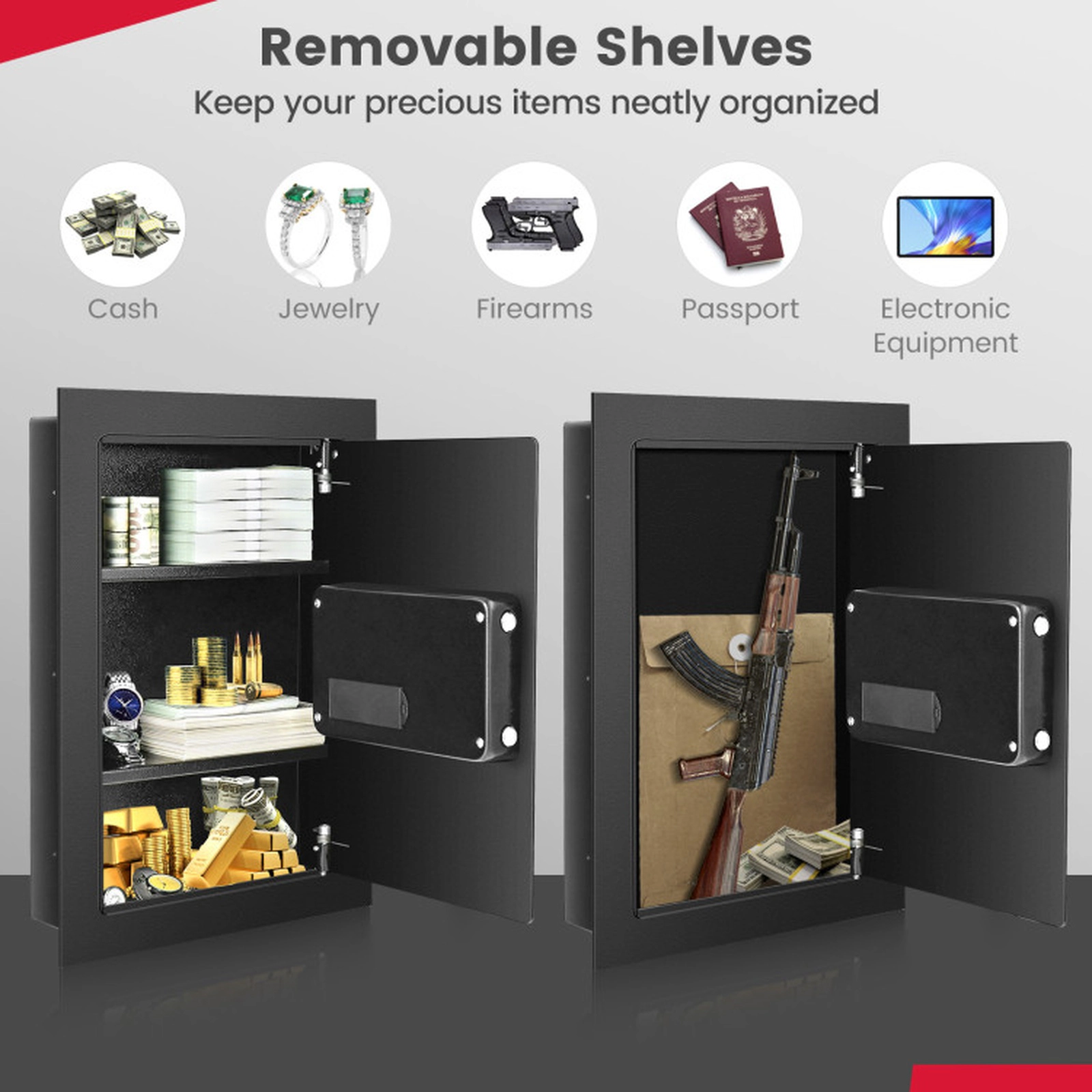 SUGIFT Digital Flat Recessed Solid Steel Wall Storage Box Safe with Security Lock and Shelves Black/White 1-Piece